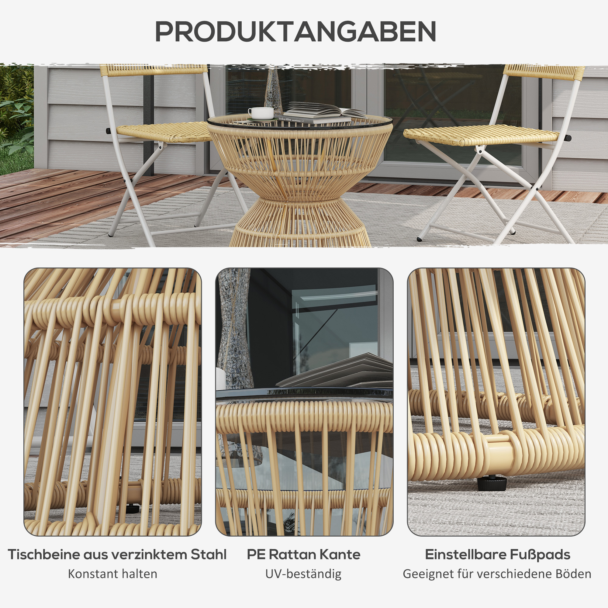 Outsunny Buitentafel Bijzettafel Tuinmeubel Rattan Bijzettafel, Glazen Blad, PE-Rattan, 60 cm x 60 cm x 50 cm, Natuurlijk
