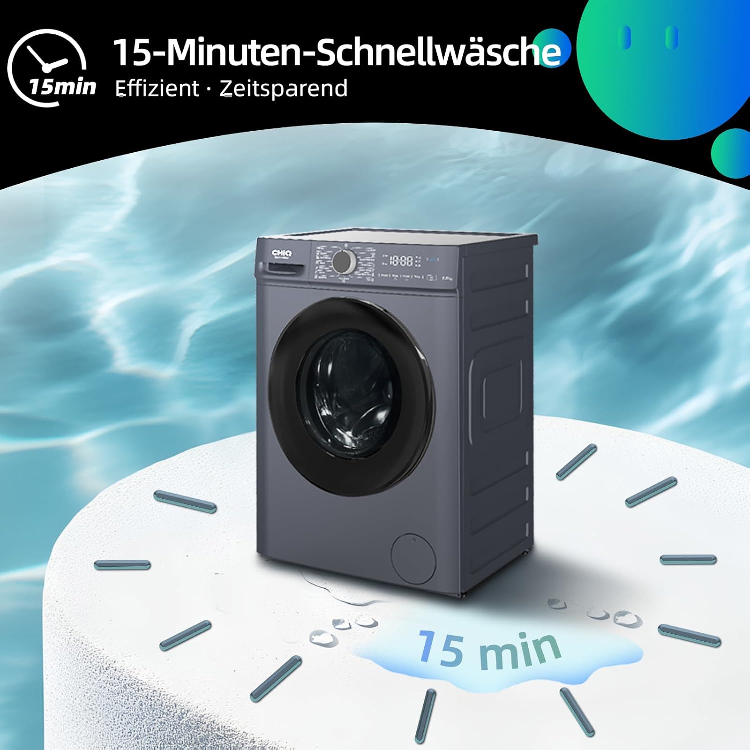 CHiQ Waschmaschine 7kg, 15 Programme, InverterMotor, Eco-Logic, Speed Wash, 60x46,5x84cm, Auto Clean, Washer Grau, CW07123863AX