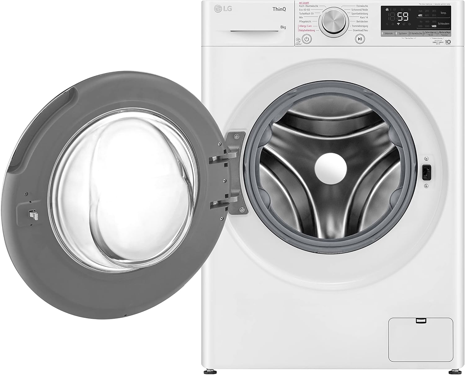 LG F4WV7080, Klasse A, Frontlader-Waschmaschine 8 kg, 1400 U/Min, AI Direct Drive, Wi-Fi, Tiefenreinigung mit Dampf, Große Kapazität, TRIPLE A, Außentür aus Sicherheitsglas, 62 x 60 x 85 cm ꟷ Weiß