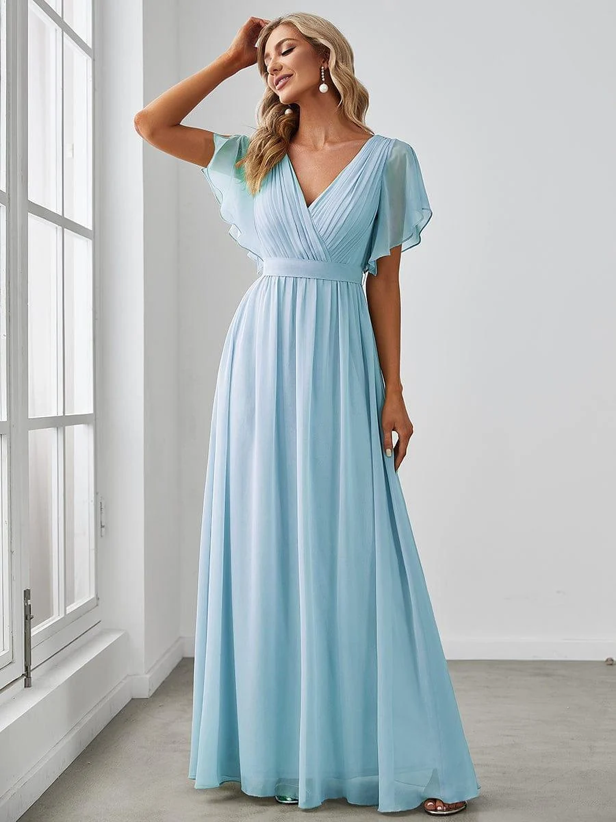 Abendkleid Damen Maxi A-Linie aus Chiffon | Festliches Kleid f��r Hochzeitsg?ste mit V-Ausschnitt und Fl��gel?rmeln