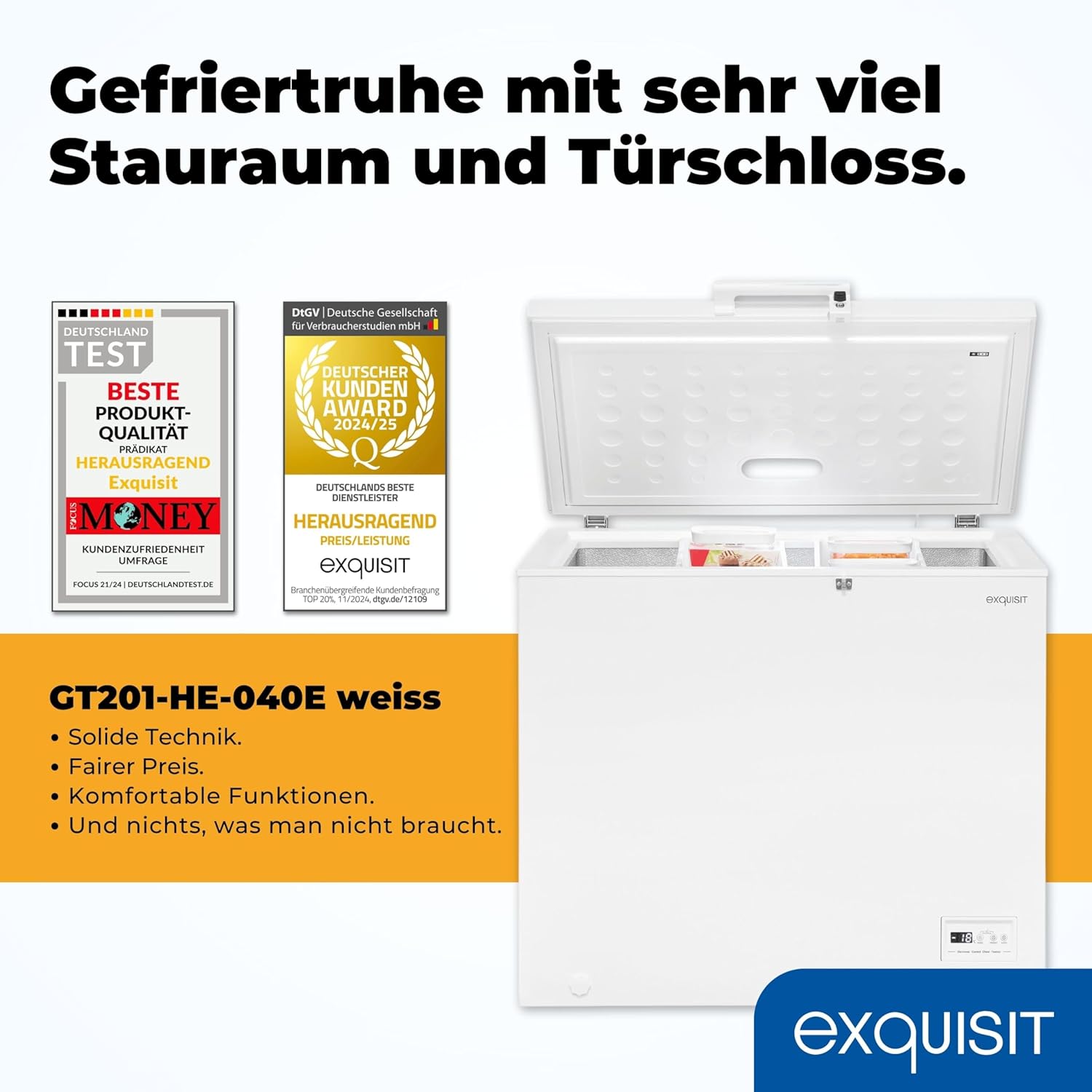 Exquisit Gefriertruhe, Kühlfunktion, 2-in-1, 198 Liter, Türschloss, 4-Sterne-Gefrieren, Schnellgefrieren, 2 Rollen, GT201-HE-040E weiss
