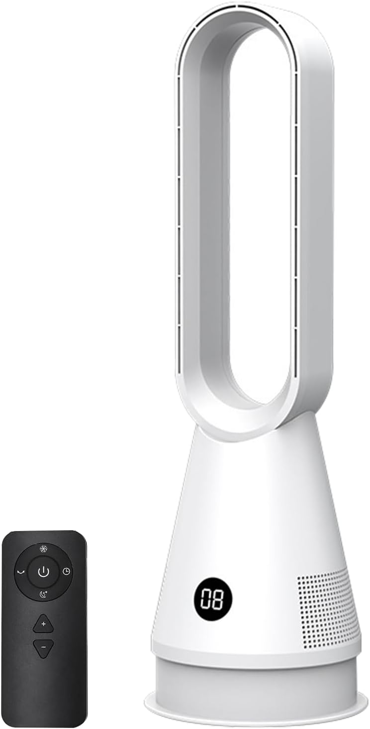 Rotorloser Ventilator,Turmventilator sehr leise & Luftreiniger,mit Fernbedienung, 8 Geschwindigkeiten,90° Oszillation, 9h Timer,oszillierender Raumkühler für Schlafzimmer, Büro (Weiß)