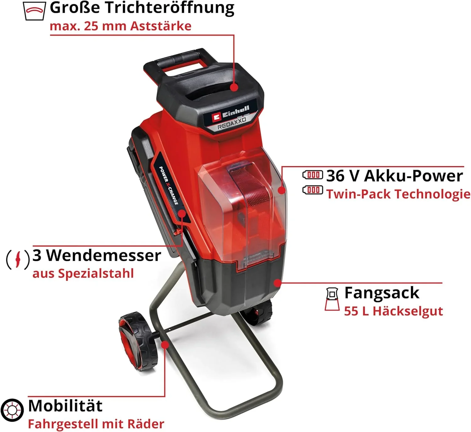 Einhell Akku-Messerh?cksler REDAXXO 36/25 Power X-Change (36 V, max. 25 mm Astst?rke, 3 Wendemesser aus Stahl, 55 L Fangsack, Transportgriff, Stopfer)