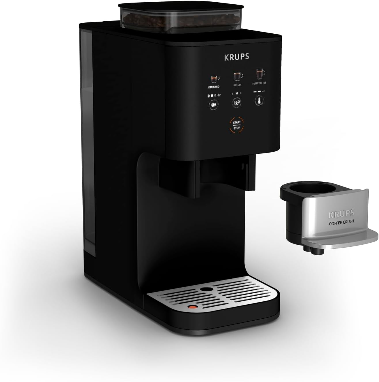 Krups Coffee Crush Extra Kaffeevollautomat, Edelstahlmühle für frisch gemahlenen Kaffee, nur 15 cm breit, smartes Bedienfeld, auch für vorgemahlenen Kaffee, einfache Reinigung, Schwarz, SA4028E0