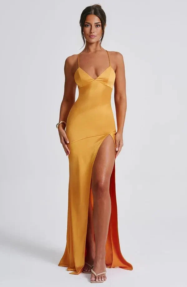 Damen Cocktail-Maxikleid aus Satin mit V-Ausschnitt und Schlitz