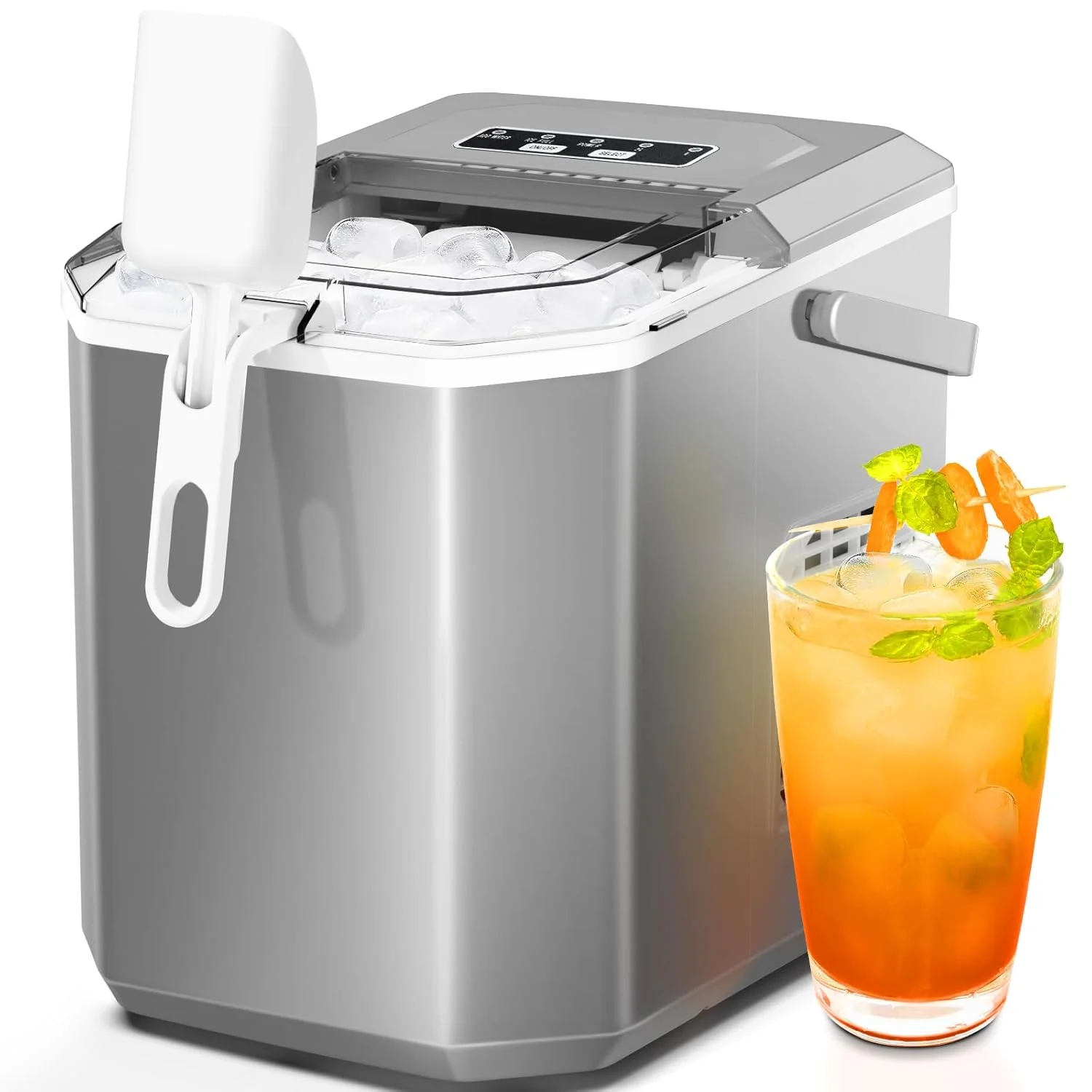 2025 Tafel Ijsmachine, draagbare ijsmachine met handvat, zelfreinigend, mandje en schep, 9 ijsblokjes in 6 minuten �C Compact, krachtig en eenvoudig in gebruik