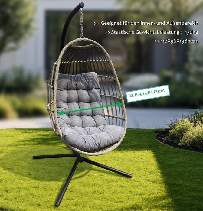 Hängesessel mit Gestell für Wohnzimmer,Garten und Balkon Geräumiger Hängekorb XXXL Größen:126HX84WX64D cm-Keine Raumunterdrückung Gefühl Premium Qualität Nylon/Polyrattan gewebt Inkl.Grau Kissen