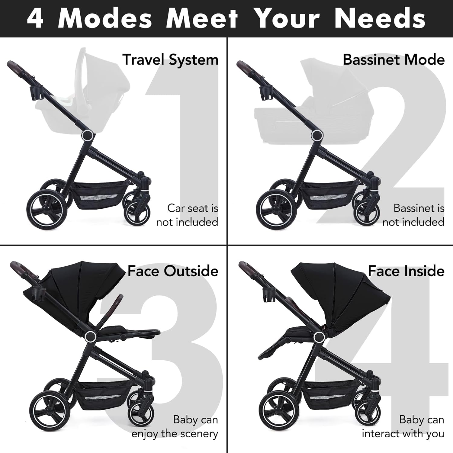 3 in 1 Kinderwagen Set mit umkehrbarem Sport-Sitz, Babywanne & Buggy – Ein-Klick-Zusammenklappbar, Leicht & Tragbar mit Großem Regenschutz