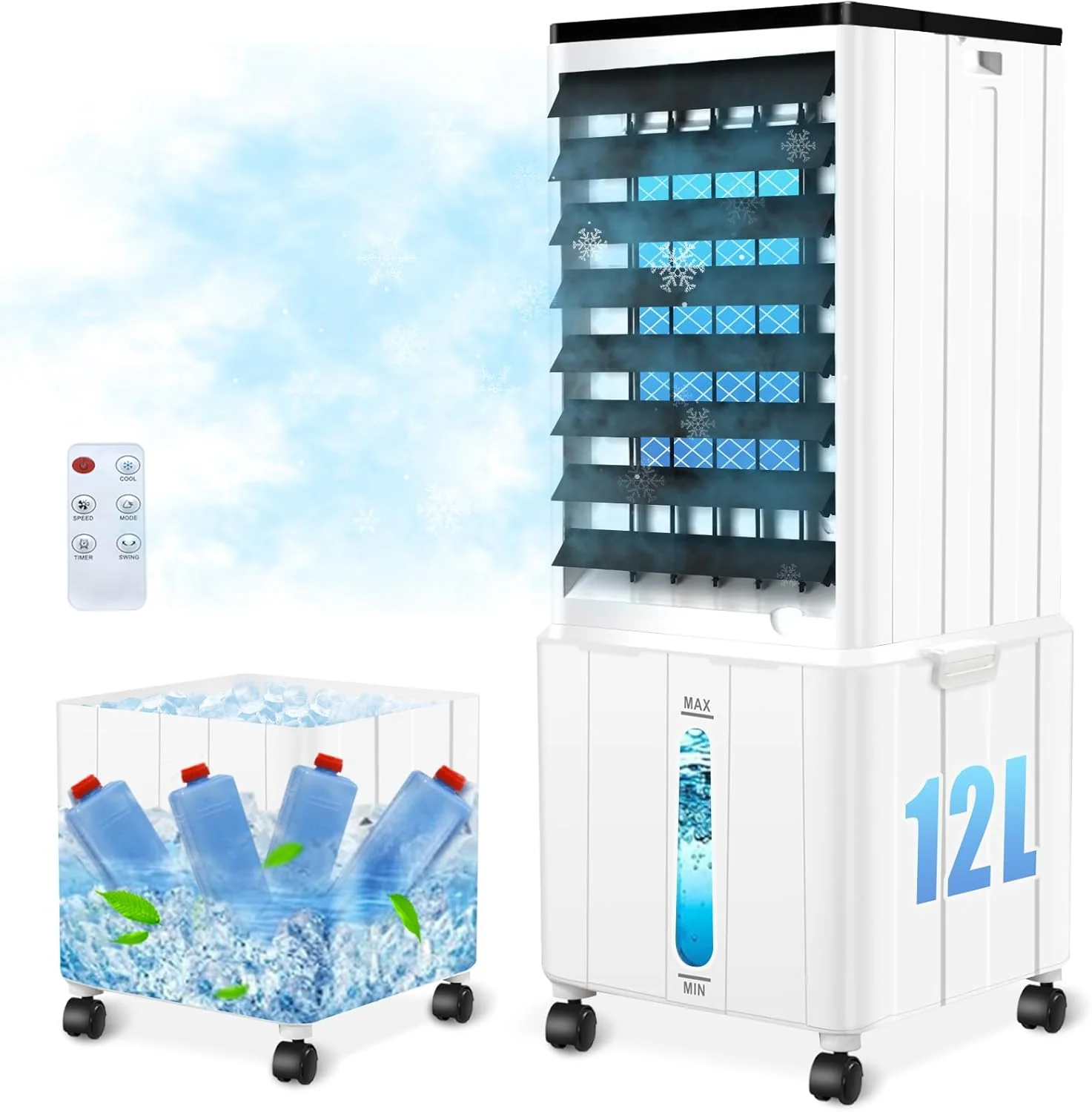 Airconditioner zonder afvoerslang, 12L 60W Mobiele Airconditioner met 12H Timer, 3 Modi, 40dB, 120�� Oscillatie, Afneembare Watertank, Afstandsbediening, Stille Luchtkoeler Air Conditioner voor Woning Kamer Ruimtes