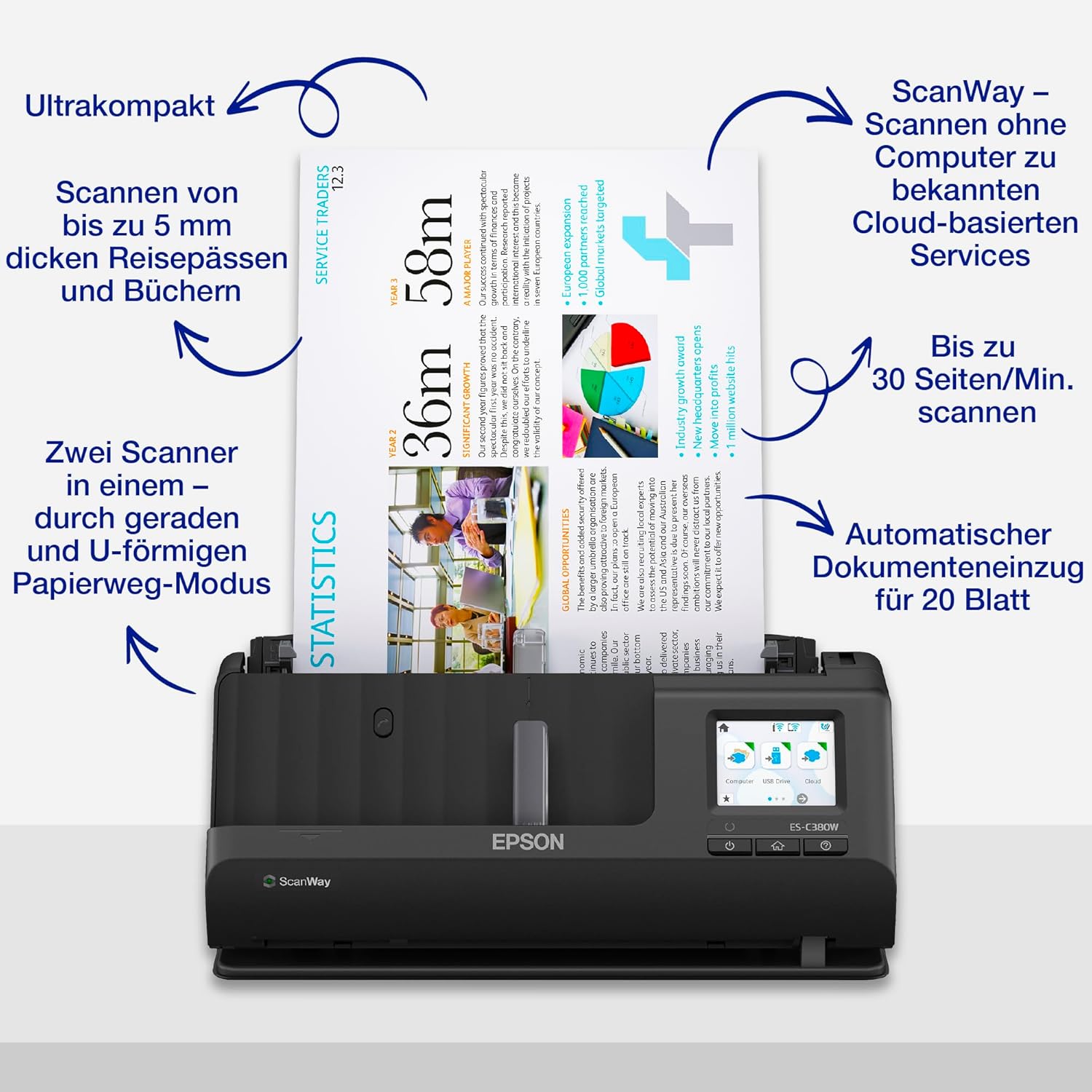 Epson WorkForce ES-580W Scanner, Dokumentenscanner (scannt ohne PC, 35 Seiten bzw. 70 Bildern pro Minute, bis DIN A4, beidseitiger Scan in einem Durchgang, automatische Ausrichtung) One size