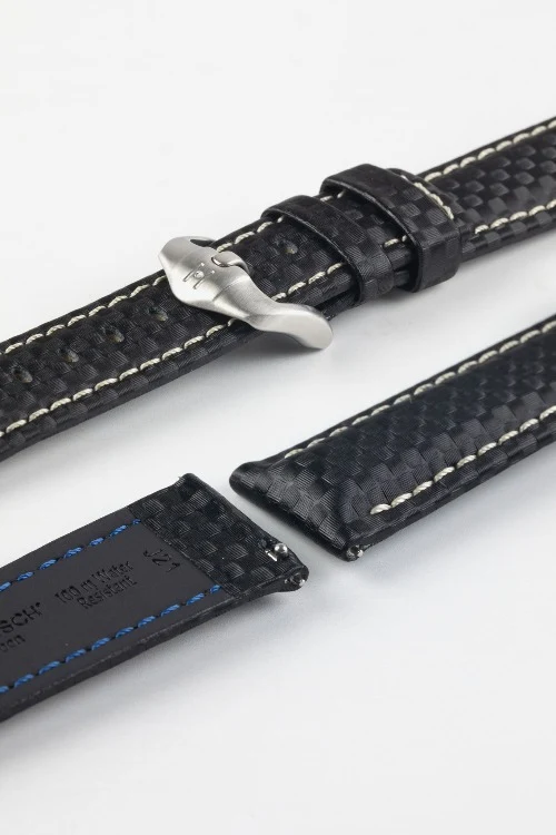 Hirsch CARBON Embossed Water-Resistant Leather Watch Strap in BLACK