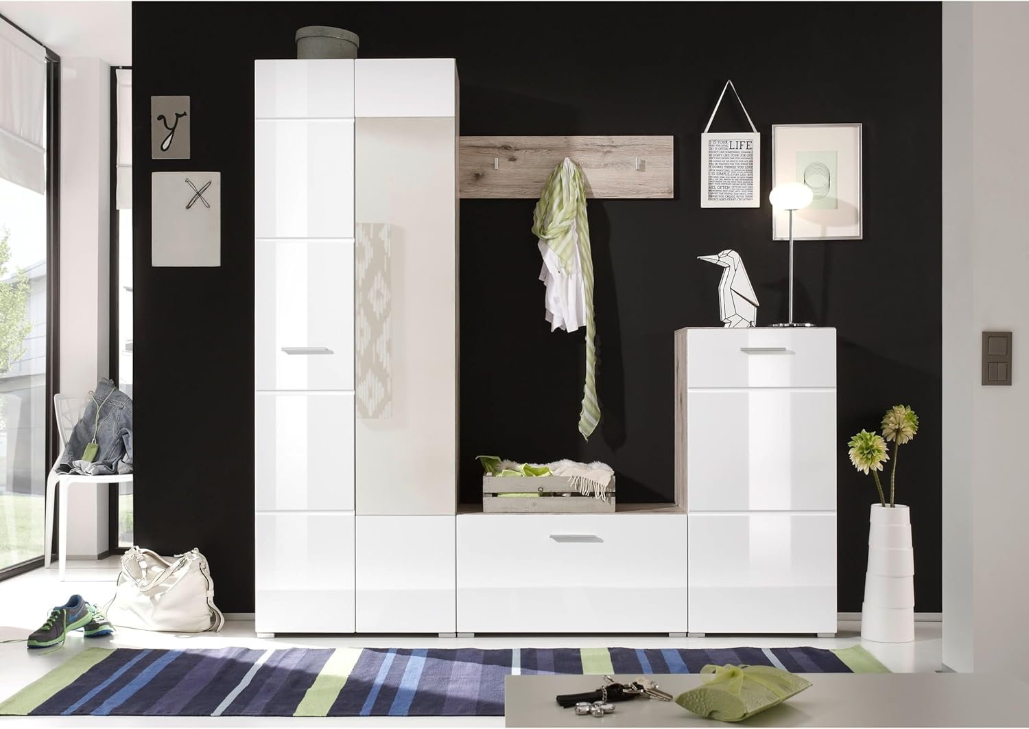 Sixx Flurgarderoben Set in Weiß Hochglanz/Sandeiche Optik - Moderne Kompaktgarderobe 4-teilig für Ihren Eingangsbereich - 195 x 195 x 36 cm (B/H/T)