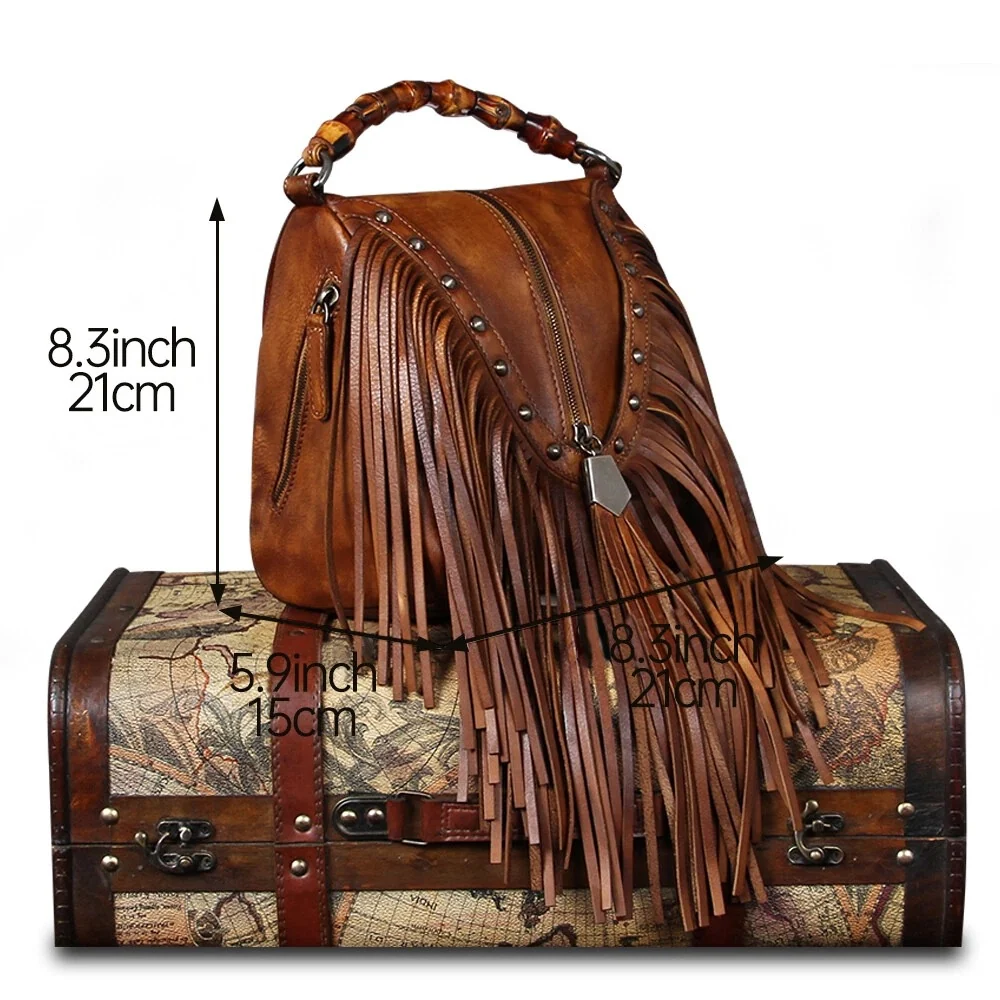 Full Grain Leather Fringe Handbag with Bamboo Handle