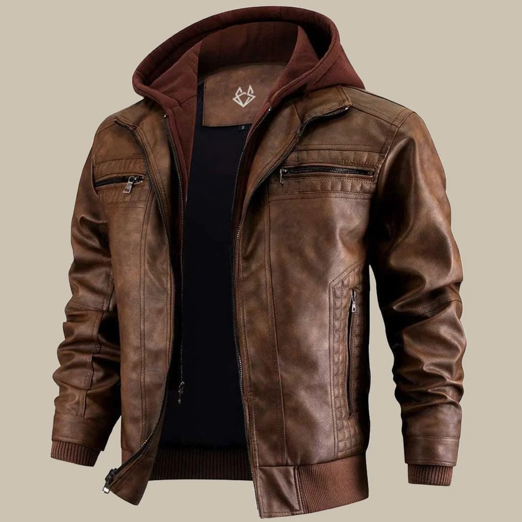 Moderne Herren-Lederjacke mit Kapuze