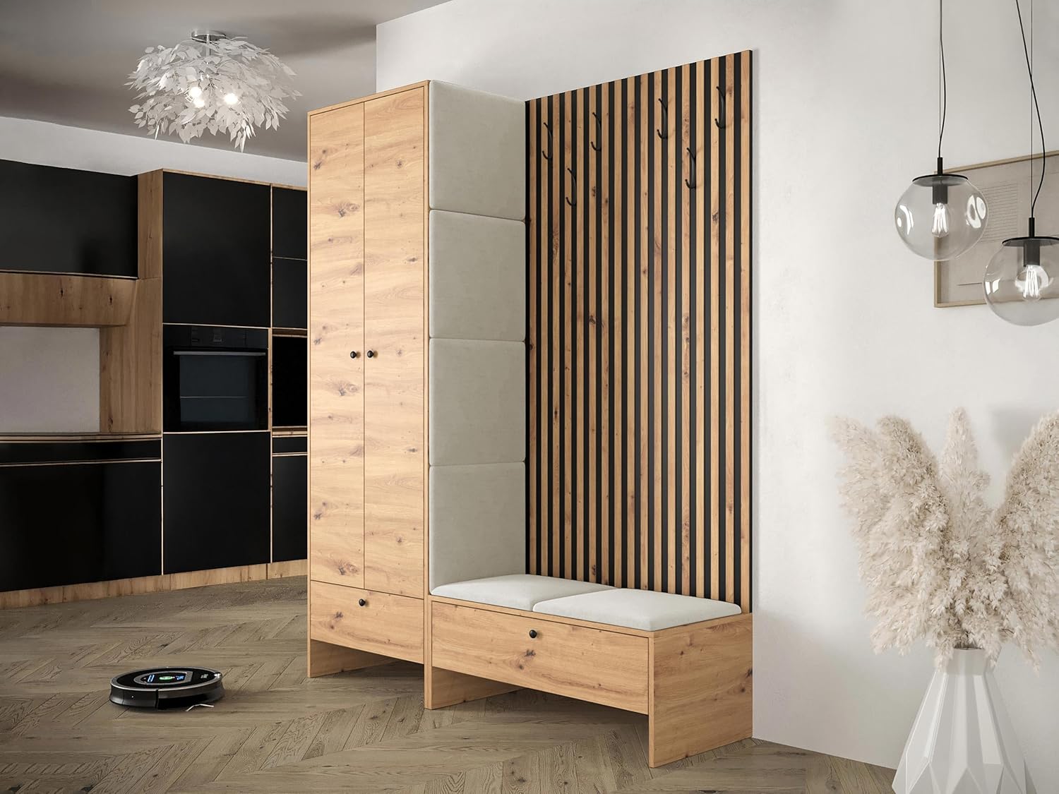 Mirjan24 Garderoben-Set Melire III, Kleiderschrank Schuhschrank Lamellen Paneel mit Kleiderhaken Gepolstertes Paneel/Wandpaneel Kleiderstange Wandgarderobe Flurgarderobe (Eiche Artisan, Manila 02)