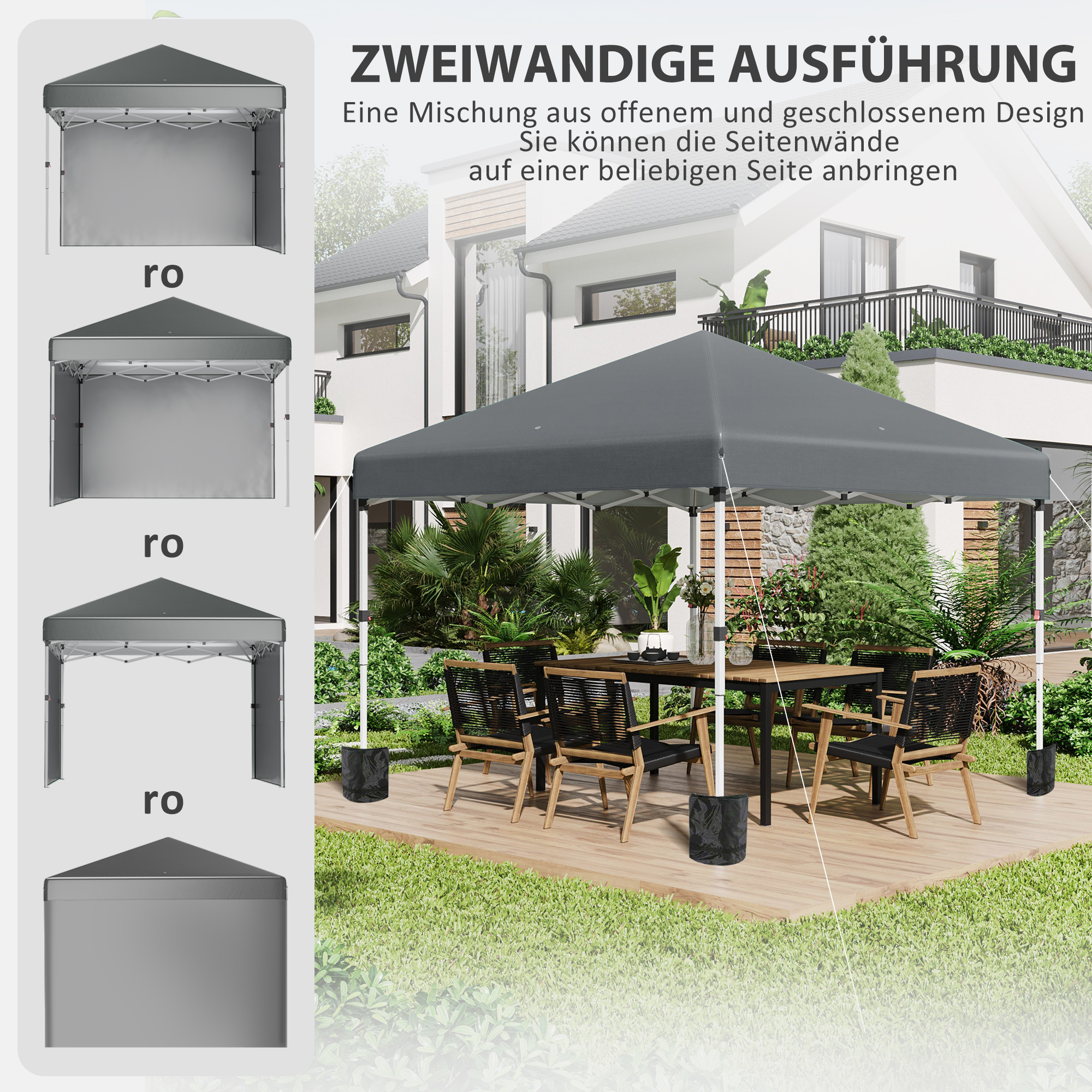 Opvouwbare paviljoen met 2 zijwanden, verstelbare hoogte, inclusief draagtas, roestvrij stalen frame, 3x3 m, Donkergrijs