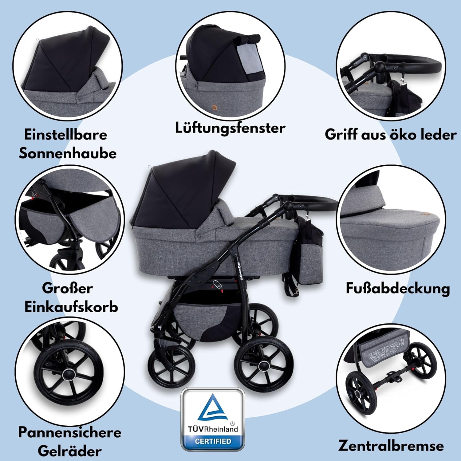 GaGaDumi Boston Kinderwagen 3 in 1 Komplettset mit Autositz - Kombikinderwagen mit großen Rädern - TÜV-zertifiziert - Baby Stroller Set - für Neugeborene und Kleinkinder Grau Jeans