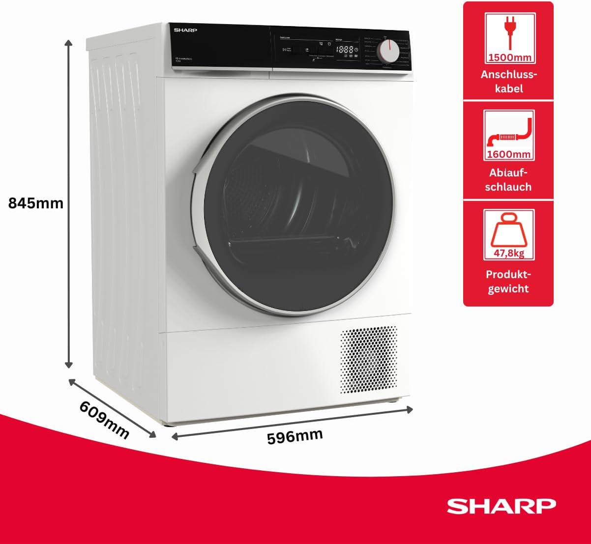 SHARP KD-NHA0S6GW1C-DE Wäschetrockner, 10kg, C, 15 Trockenprogramme inkl. 20-Minuten-Schnelltrockenprogramm, Weiß