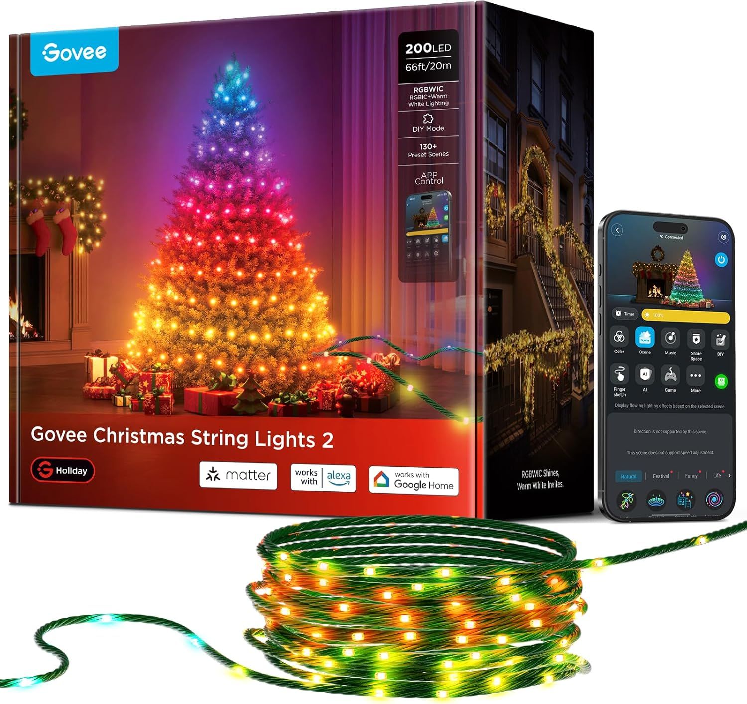 Govee Smart 20m Christmas Lights, 200 RGBWIC LEDs for Indoor & Outdoor Use, App-Controlled with 130+ Modes, Matter-Compatible