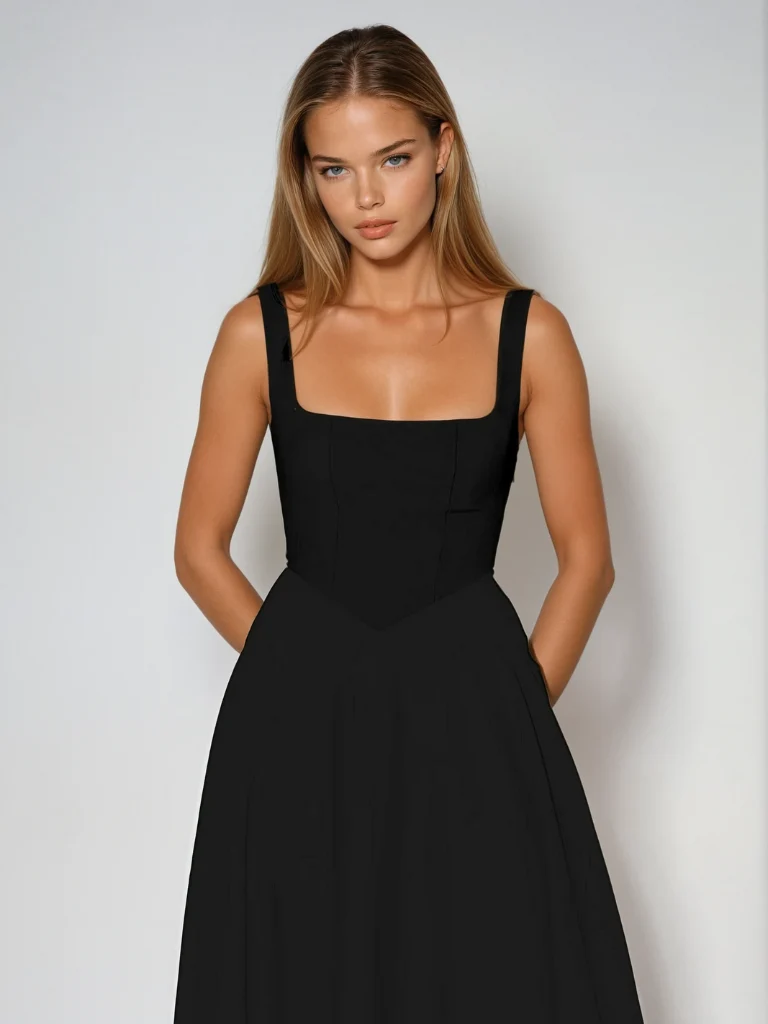 ?rmelloses Midikleid f��r Damen mit quadratischem Ausschnitt - Elegantes Kleid mit taillierter Passform und flie?endem Rock