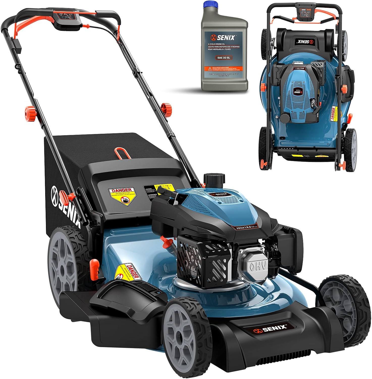 SENIX 201cc 22" 3-in-1 Gas Lawn Mower  Variable Speed Rear Wheel Self-Propelled Mower  Mulching  Bagging  Discharging  Foldable  6 Cutting Height Adjustable  for Garden Yard