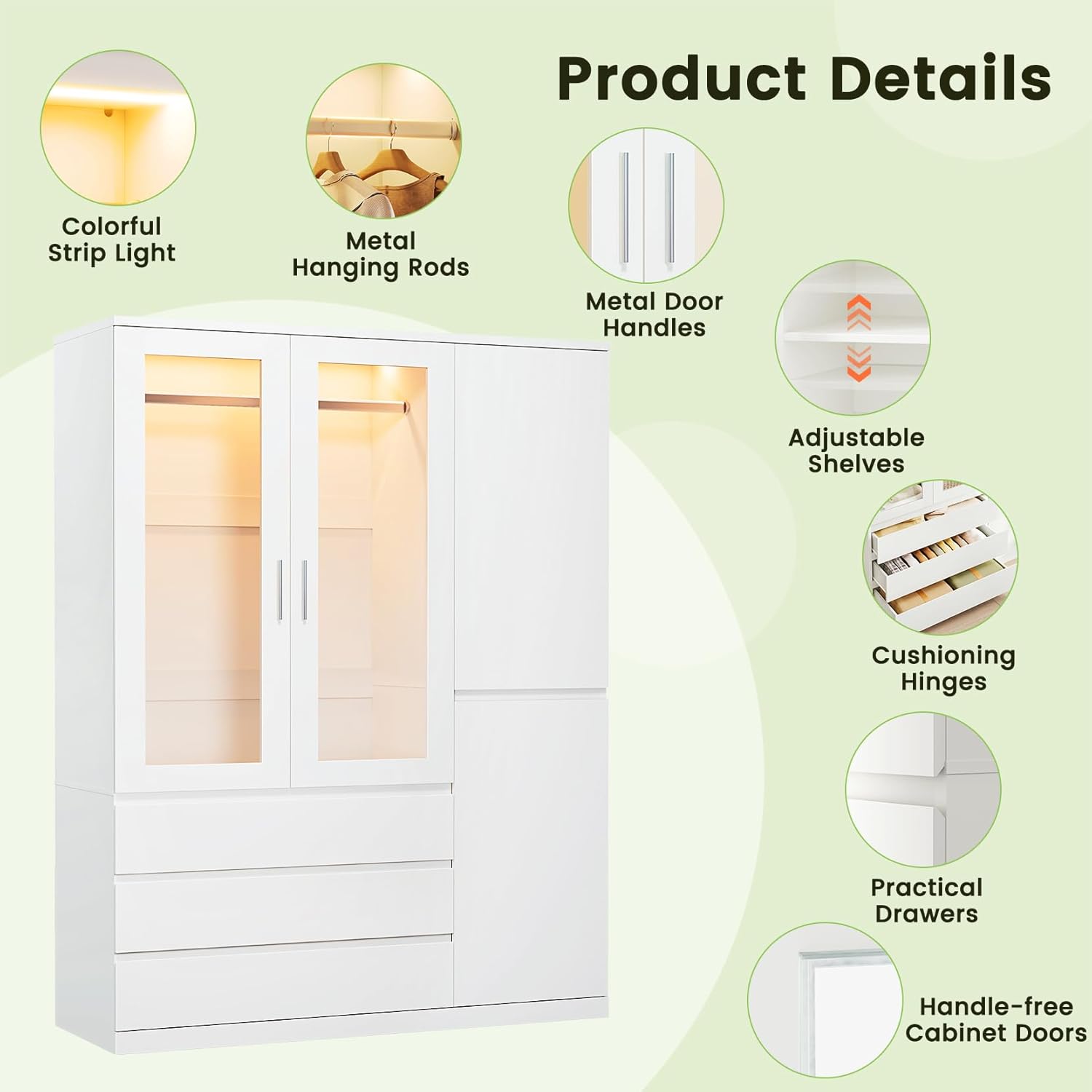 Dripex Vier Tore Schrank, Minimalistischer Wardrobe Closet mit Einer Kleiderstange und 3 Schubladen | 120 x 48 x 180cm | Weiß, Kleiderschrank für Schlafzimmer Kleiderschränke