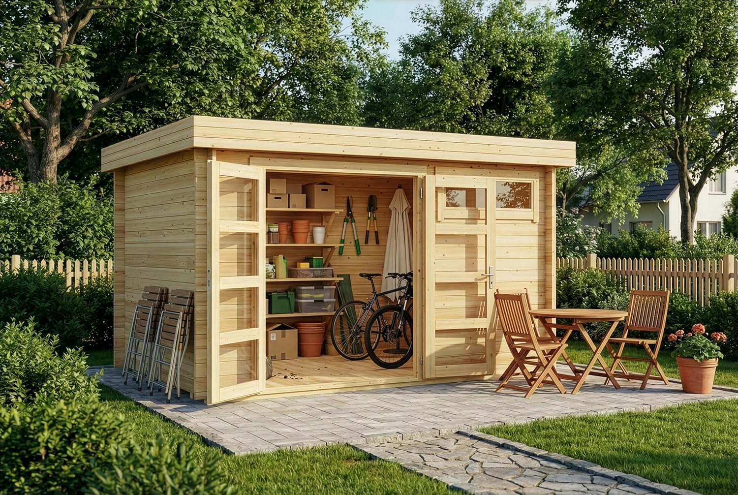 Gartenhaus Leandro-28 mit Fußboden aus Holz, Gerätehaus 394x268cm mit 28 mm Wandstärke in Naturbelassen