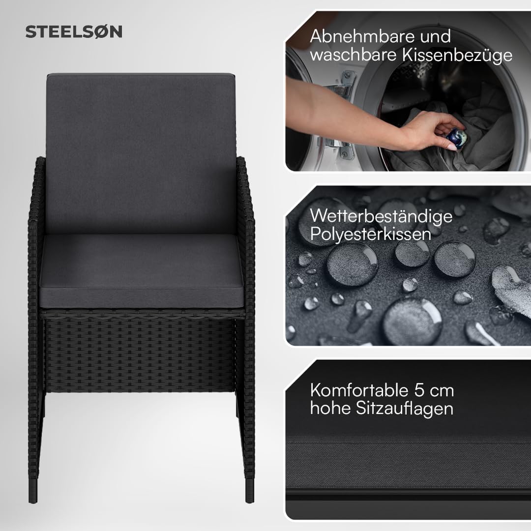 STEELSØN 3-TLG Garten-Essgruppe Xenara, Esstisch mit 2 Stühlen, Gartenmöbel Sitzgruppe Polyrattan mit Kissen, Gartenlounge, Balkomöbel Set, schwarz