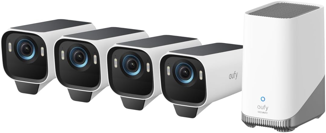 eufyCam S3 Pro 4-Kamera-Set, 4K Kabellose Solar-Überwachungskamera Außen, MaxColor Nachtsicht, Forever Power 2.0, Gesichtserkennung-KI, Erweiterbarer Lokaler Speicher, Ohne Montaliche ABO-Kosten