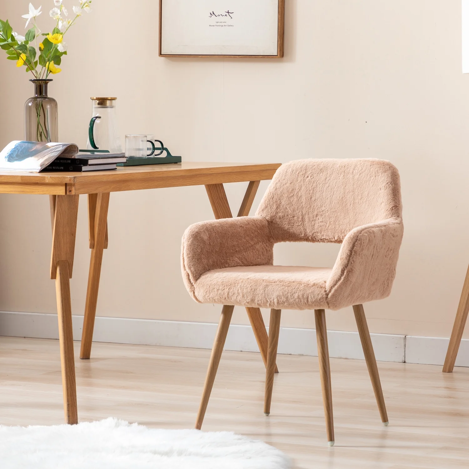 Elegante en luxueuze HengMing eetkamerstoelen met imitatiebont �C Mid-Century-stijl met stevige, gepoedercoate stalen poten