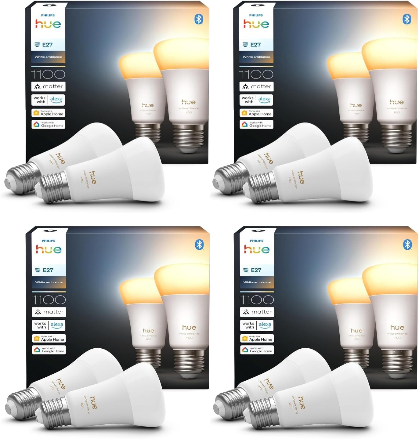 Hue Bundle – 4 x Doppelpackungen White Ambiance 1100 A60 E27 Smart-Leuchtmittel (8 Glühbirnen), dimmbare LED, warmes bis kaltes Licht, App- und Sprachsteuerung, funktioniert mit Alexa, Google