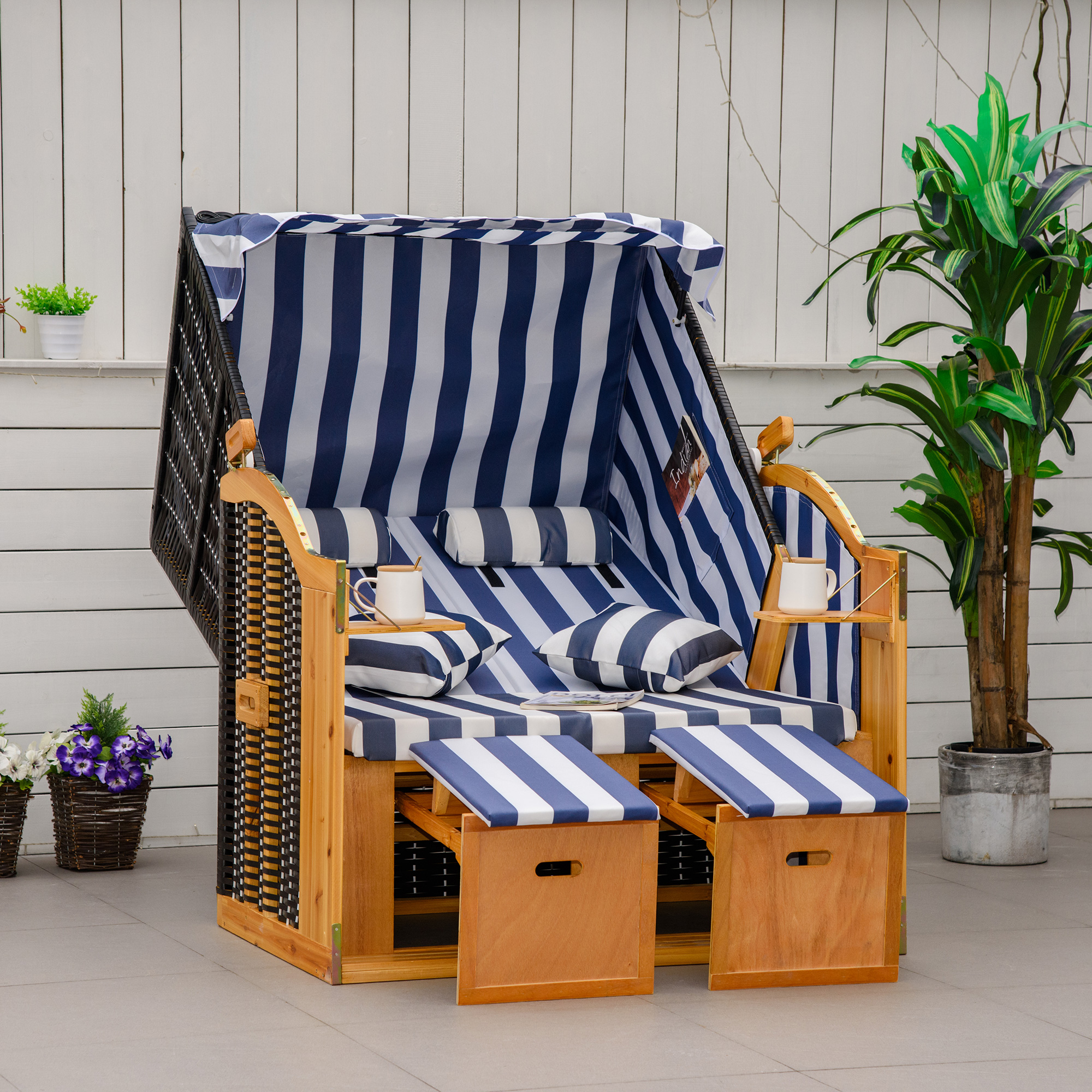 Outsunny strandstoel met dak rotan look klaptafel blauw 118 x 79 x 150 cm