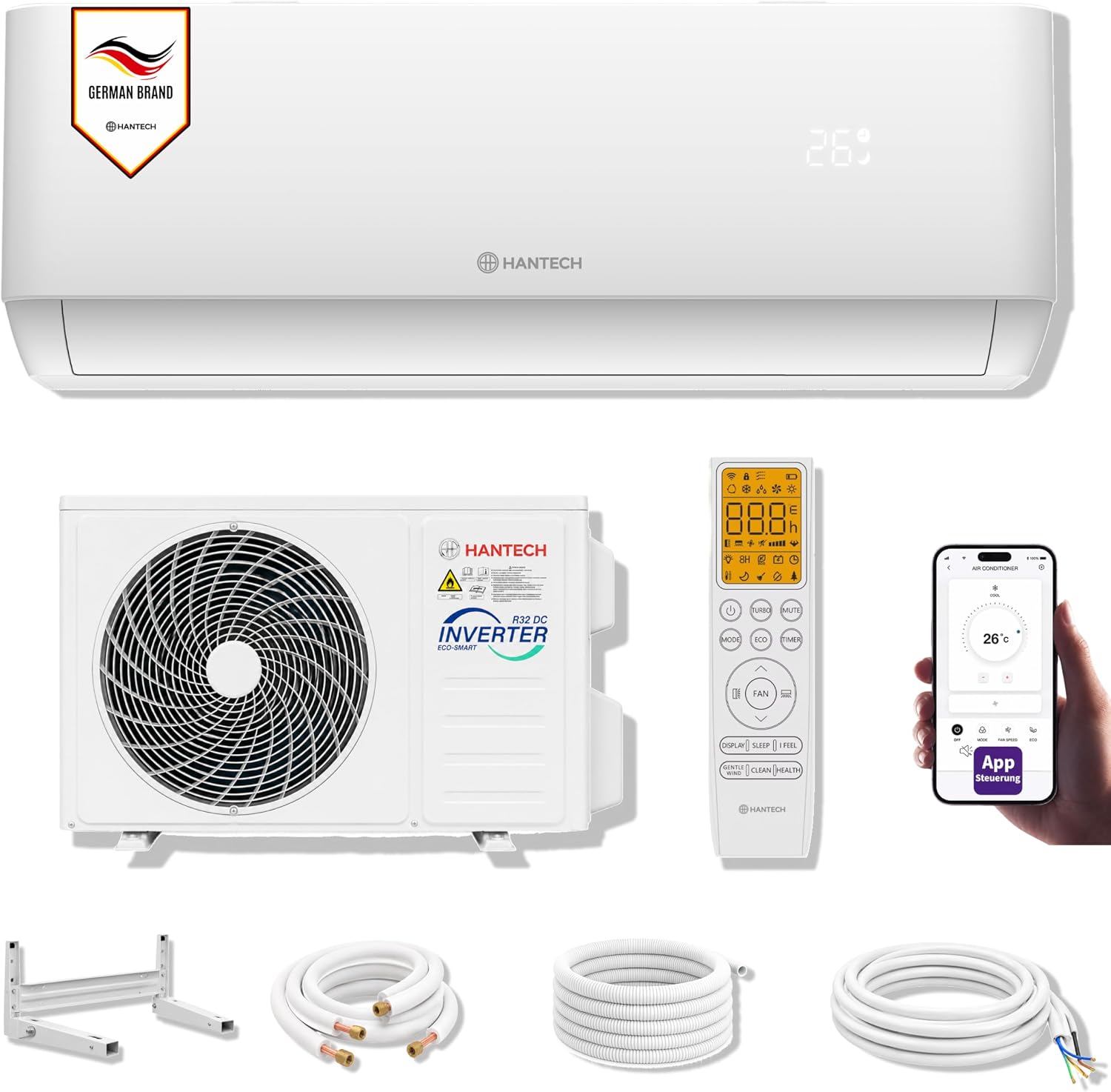 Split Klimaanlage 9000 BTU (bis 30m²) HANTECH H-PRO Heiz-&Kühlfunktion, Luftfilter, WIFI, Montagematerial