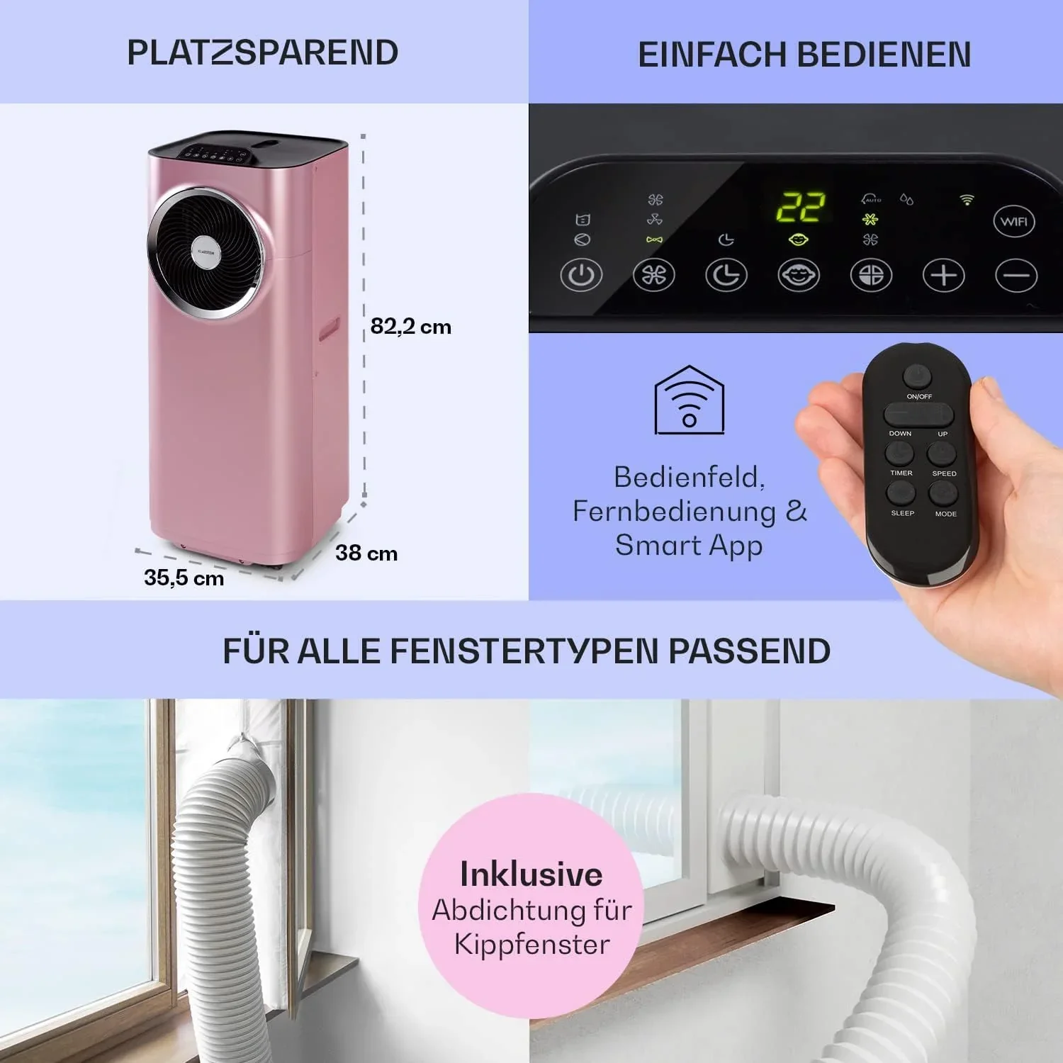 Klarstein Mobile Klimaanlage mit Abluftschlauch, 5-in-1 Klimager?t, Ventilator, Luftentfeuchter, Luftreiniger & Nachtmodus, App-Steuerung, Kleine & Portable, f��r Wohnung & B��ro, 12000 BTU