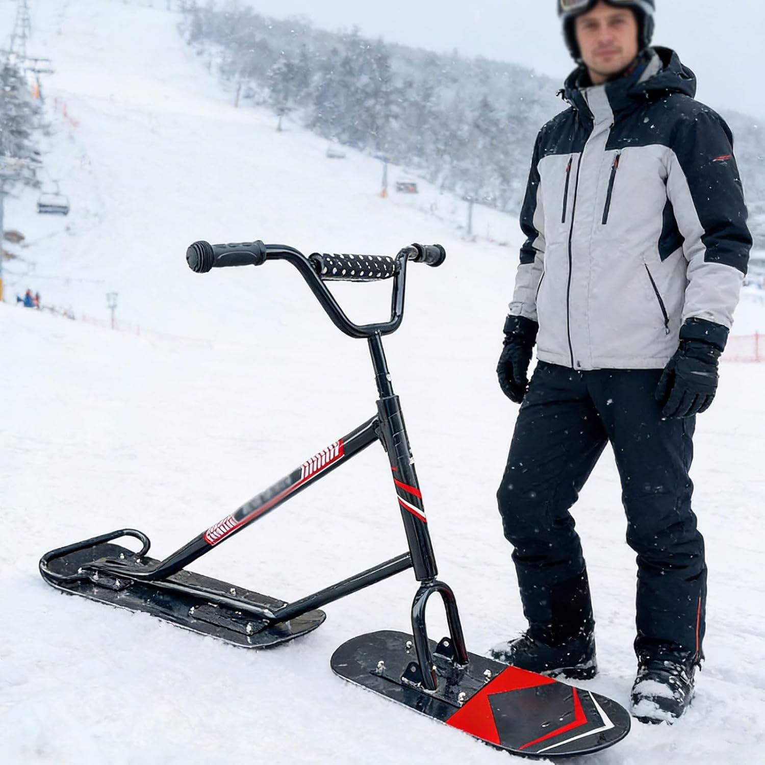 Doppeldecker-Schneemobil,Aluminiumrahmen,360°-Lenkung,150kg Traglast,All-Terrain-Schneescooter Black