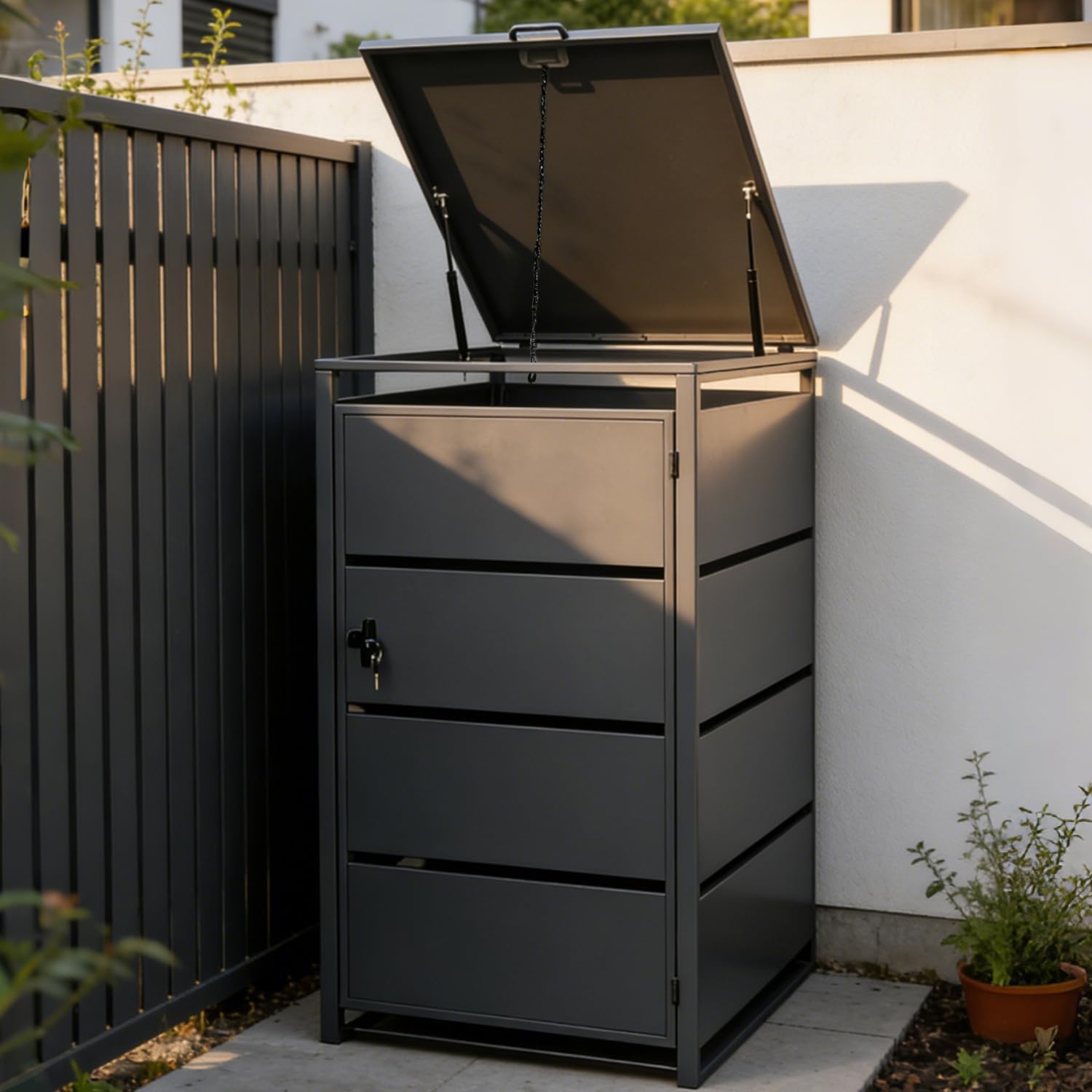 Metallene Mülltonnenbox für 240L-Tonne, robuste verzinkte Stahl-Mülltonnenverkleidung mit abschließbarer Tür, 78x68x115 cm Mülltonnenbox für den Außenbereich