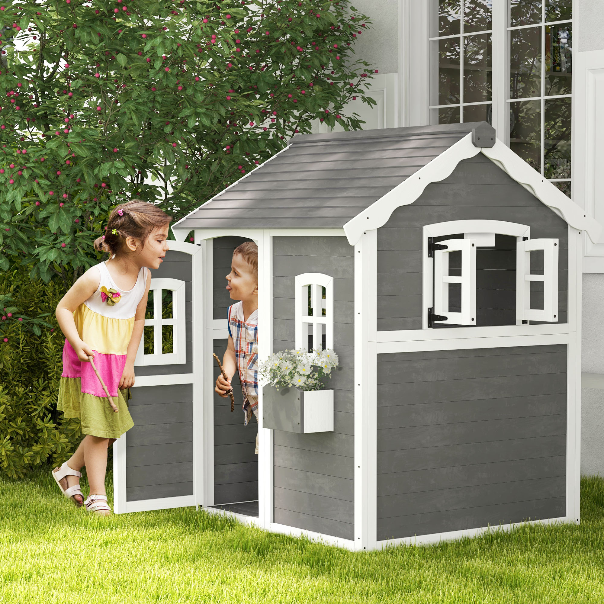 Outsunny Speelhuis voor Kinderen, Indoor en Outdoor Speelhuis met Deur, Ramen en Plantenbak, Dennenhout, Grijs
