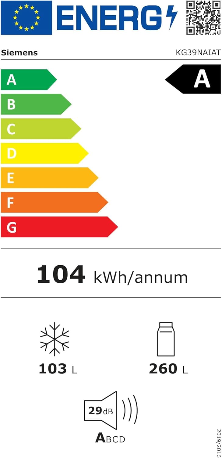 SIEMENS KG39EAICA iQ500 Kühl-Gefrier-Kombination, 201 x 60 cm, 249 L Kühlen + 94 L Gefrieren, LowFrost seltener abtauen, LED-Beleuchtung gleichmige Ausleuchtung, BigBox Platz für groes Gefriergut