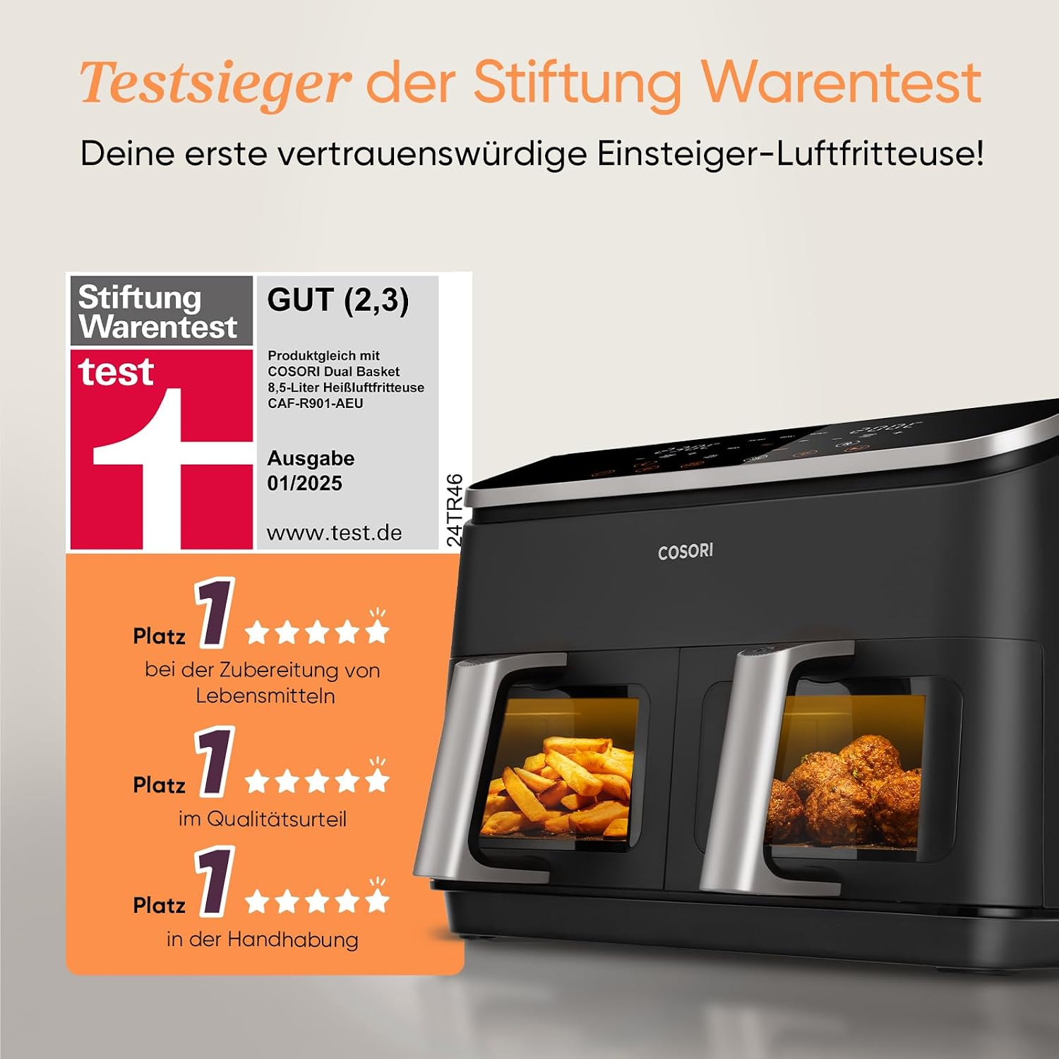 COSORI Airfryer, Testsieger der Stiftung Warentest, Heißluftfritteuse 2 Kammern, 8,5L Heissluftfritteuse mit Sichtfenster, Metall-Innenraum reduziert Kunststoffkontakt