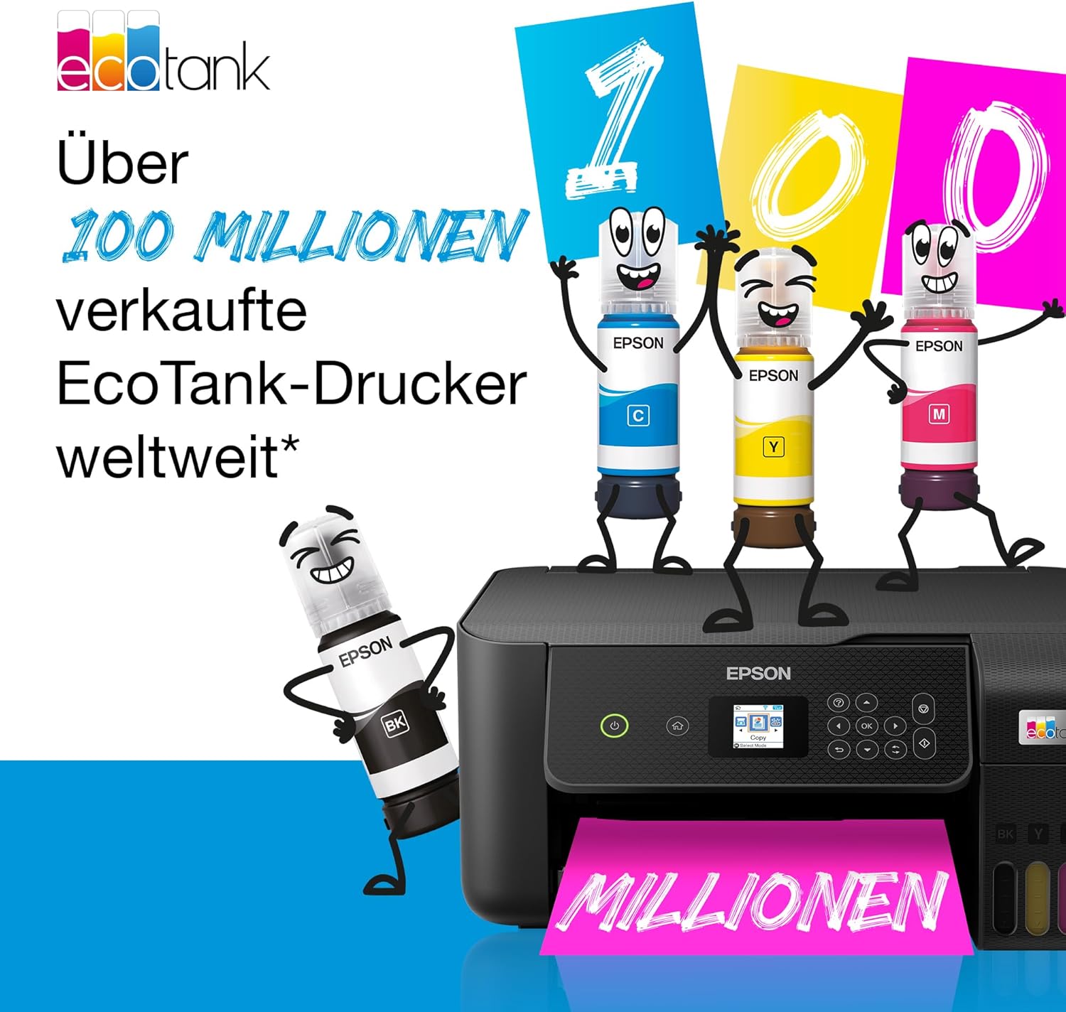 EcoTank ET-2876 Tintentankdrucker für vielbeschäftigte Haushalte WLAN A4 Drucken, Kopieren, Scannen 3.7 cm LCD-Bildschirm inkl. Tinte für bis zu 3 Jahre