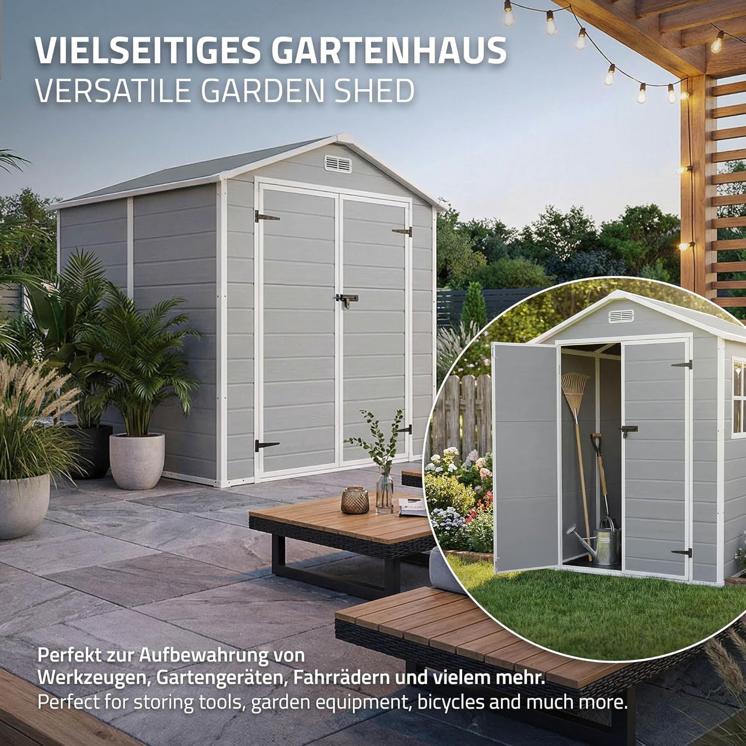 ECD Germany Gartenhaus Kunststoff mit Boden, Gerätehaus wetterfest, 5m³, 151x182x220 cm, Hellgrau, Geräteschuppen mit Satteldach, Fenster, Doppeltür & Belüftung, Gartenschuppen, Outdoor Aufbewahrung