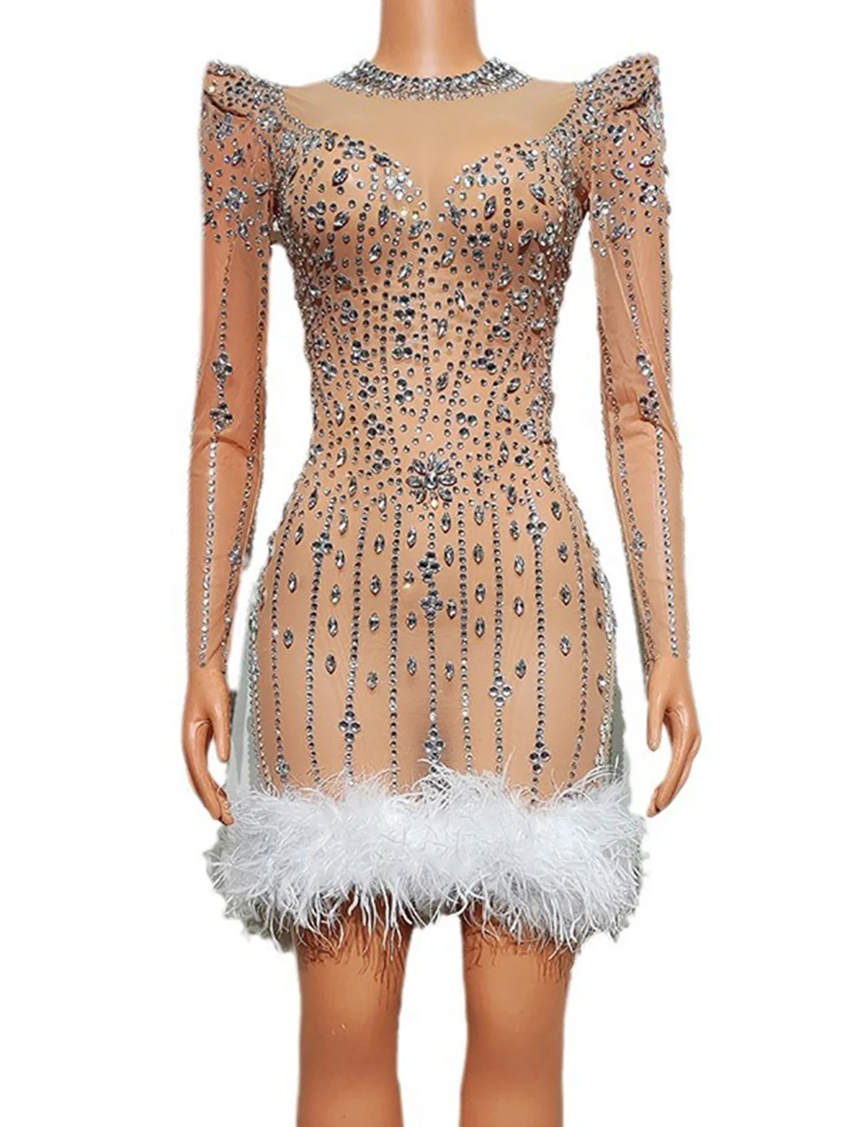 Rhinestone Embellished Fitted Mini Dress with Feather Trim