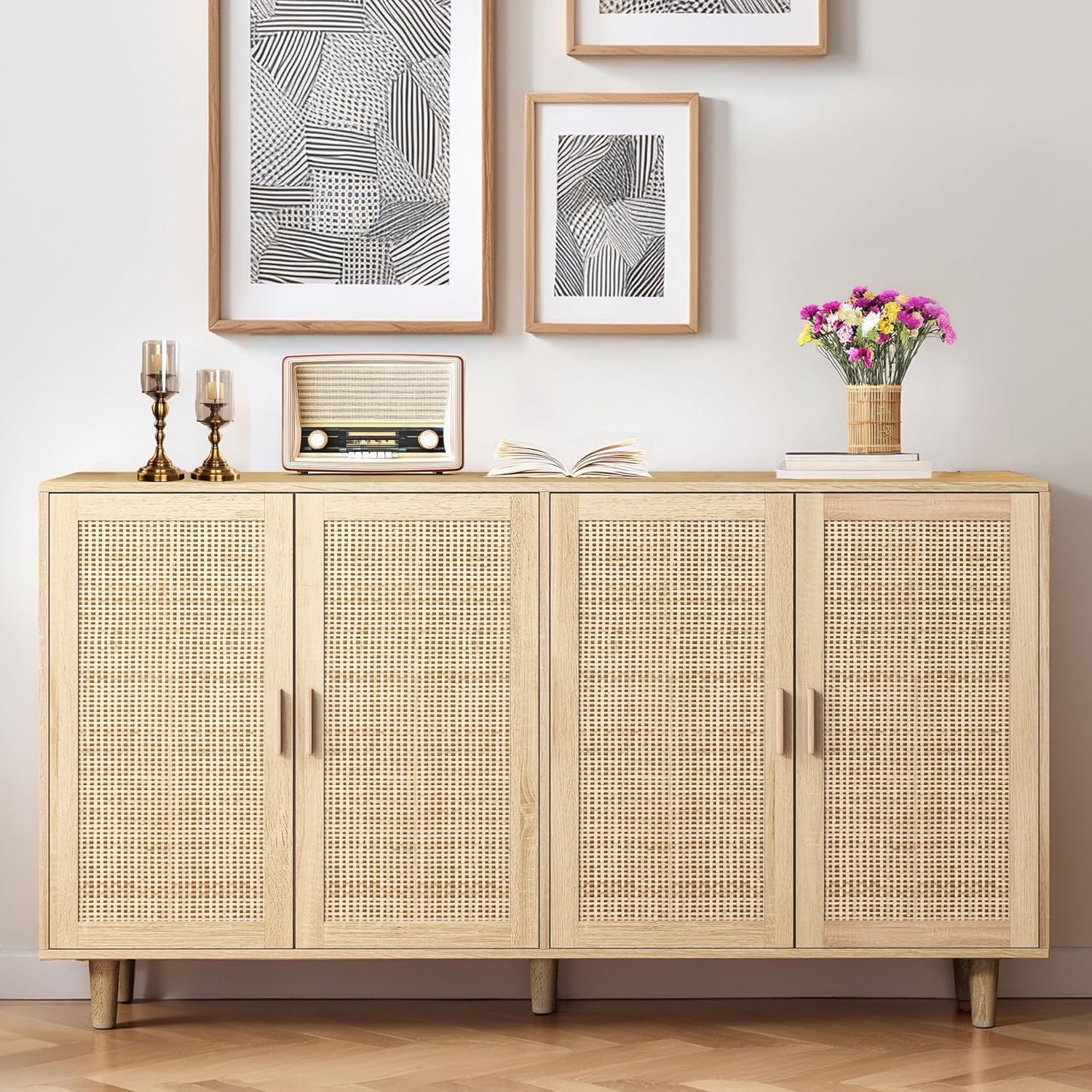 Sideboard mit verstellbaren Ablagen, Modernen Kommode mit 4 Türen, Rattan TV-Tisch mit viel Stauraum für Esszimmer, Wohnzimmer & Schlafzimmer, 158x40x88cm, Easy Assembly Holzfarbe (Holzfarbe)