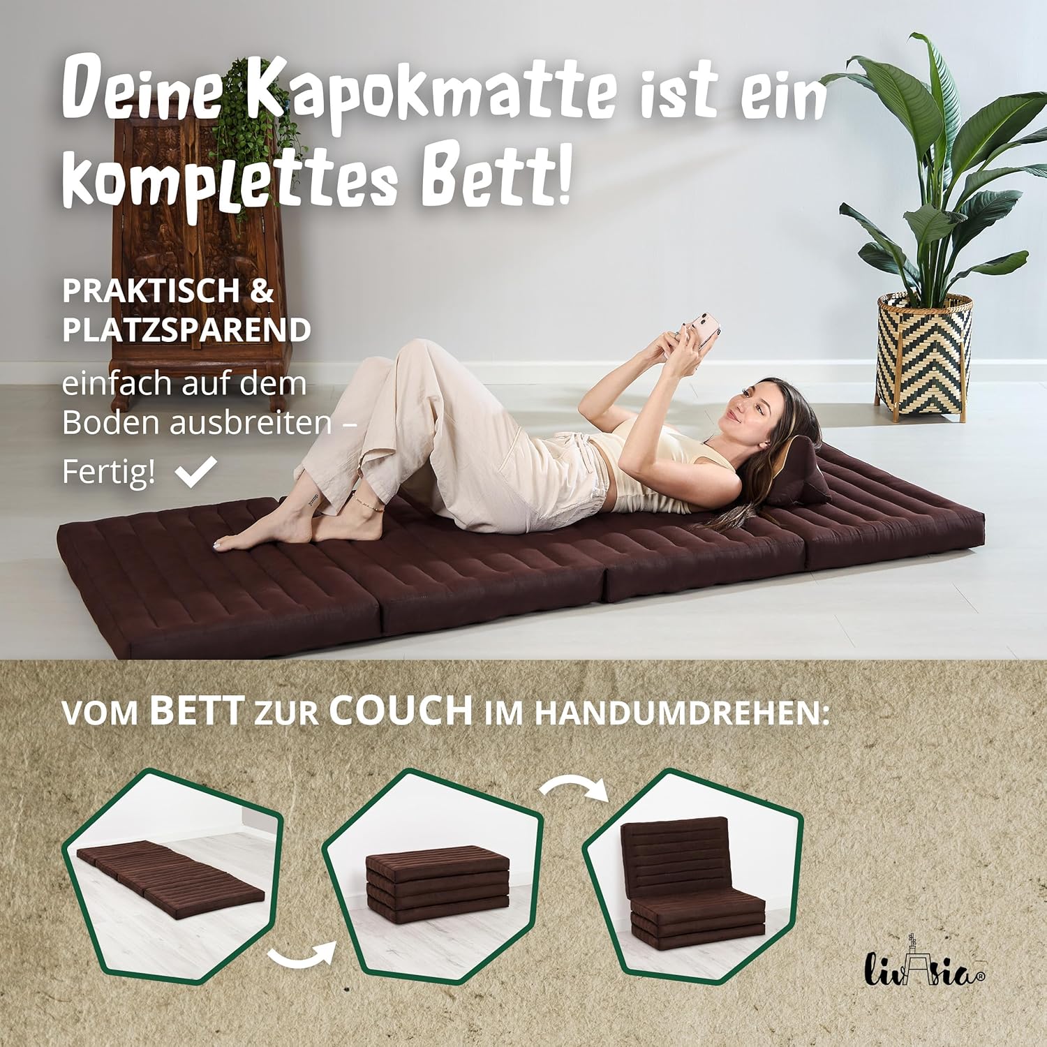 livasia Nachhaltige Klappmatratze aus Kapok - 200x80x8cm - Gästematratze, Faltbare Matratze einfarbig, ökologische Yogamatte, klappbares Gästebett, Liege Garten Balkon (Braun Uni)