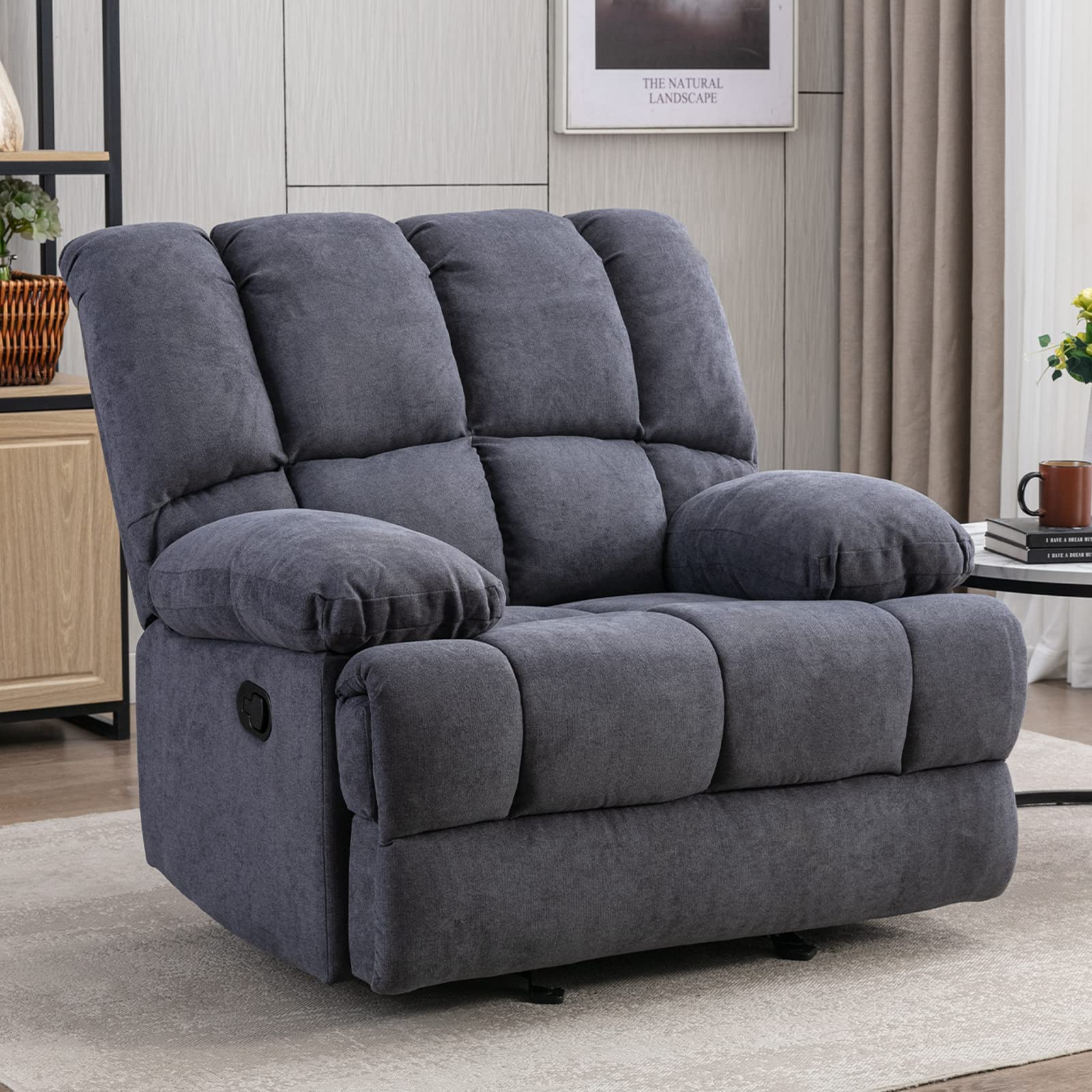2025 Sillón mecedor sobredimensionado, sillón reclinable manual simple, sillón tapizado acolchonado, sillón mecedor para sala, asiento de teatro talla grande, gris