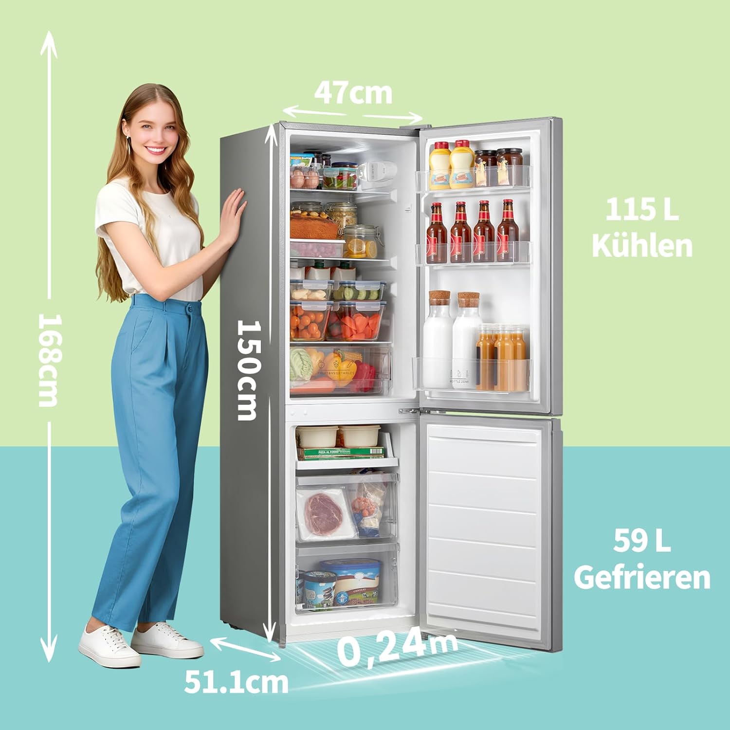 Comfee‘ Kühlschrank mit Gefrierfach 174L, Höhe 150cm, Kühl-Gefrierkombination-115L Kühlteil, 59L 4 Sterne Gefrieren -24℃, LED-Licht, Low Frost für kleine Wohnungen, Büros, RCB169DS2(E) Silber