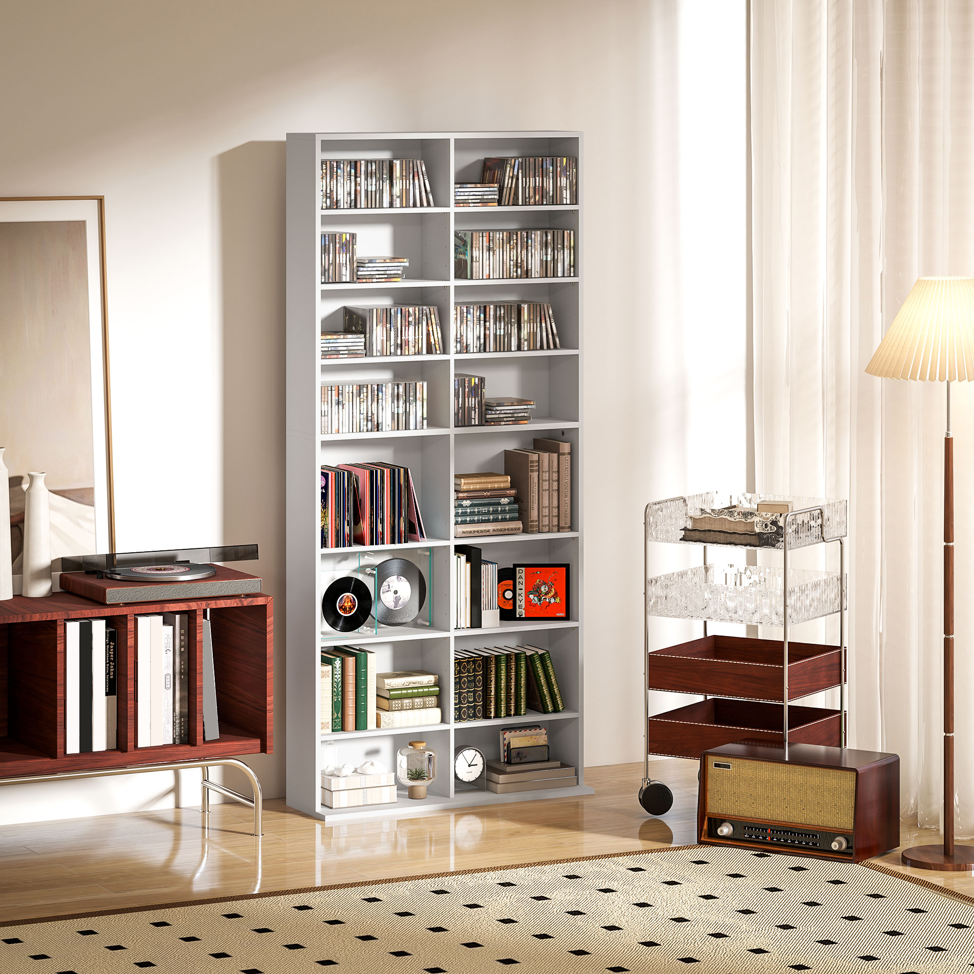 DVD-Rek, CD-Opslagrek, 14 Aanpasbare Planken, 18 Vakken, 175 cm, Blu-ray-Rek, Spaanplaat, Wit