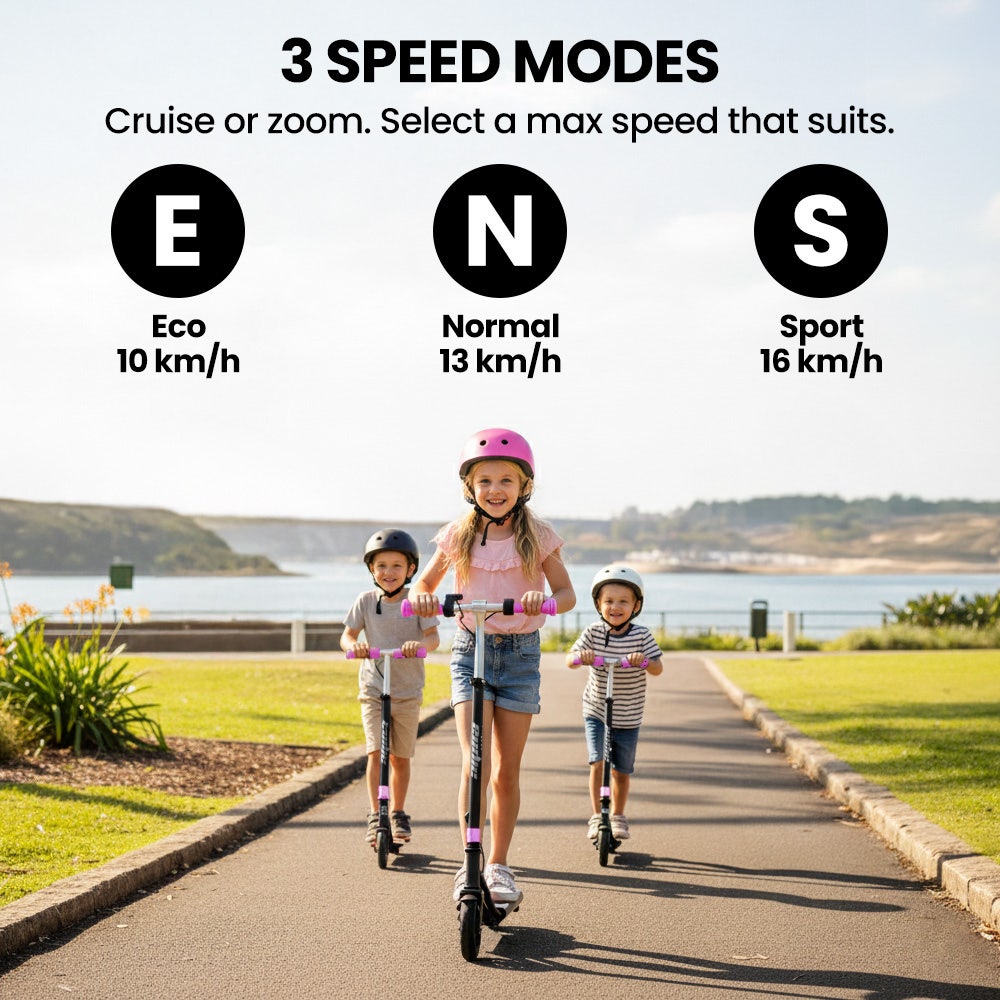 ALPHA Edge Electric Scooter Kids/Teens, 16km/h Max, Adjustable Height, UL Certified, AU Compliant, Dual Brakes, Bluetooth Music, LED, Pink