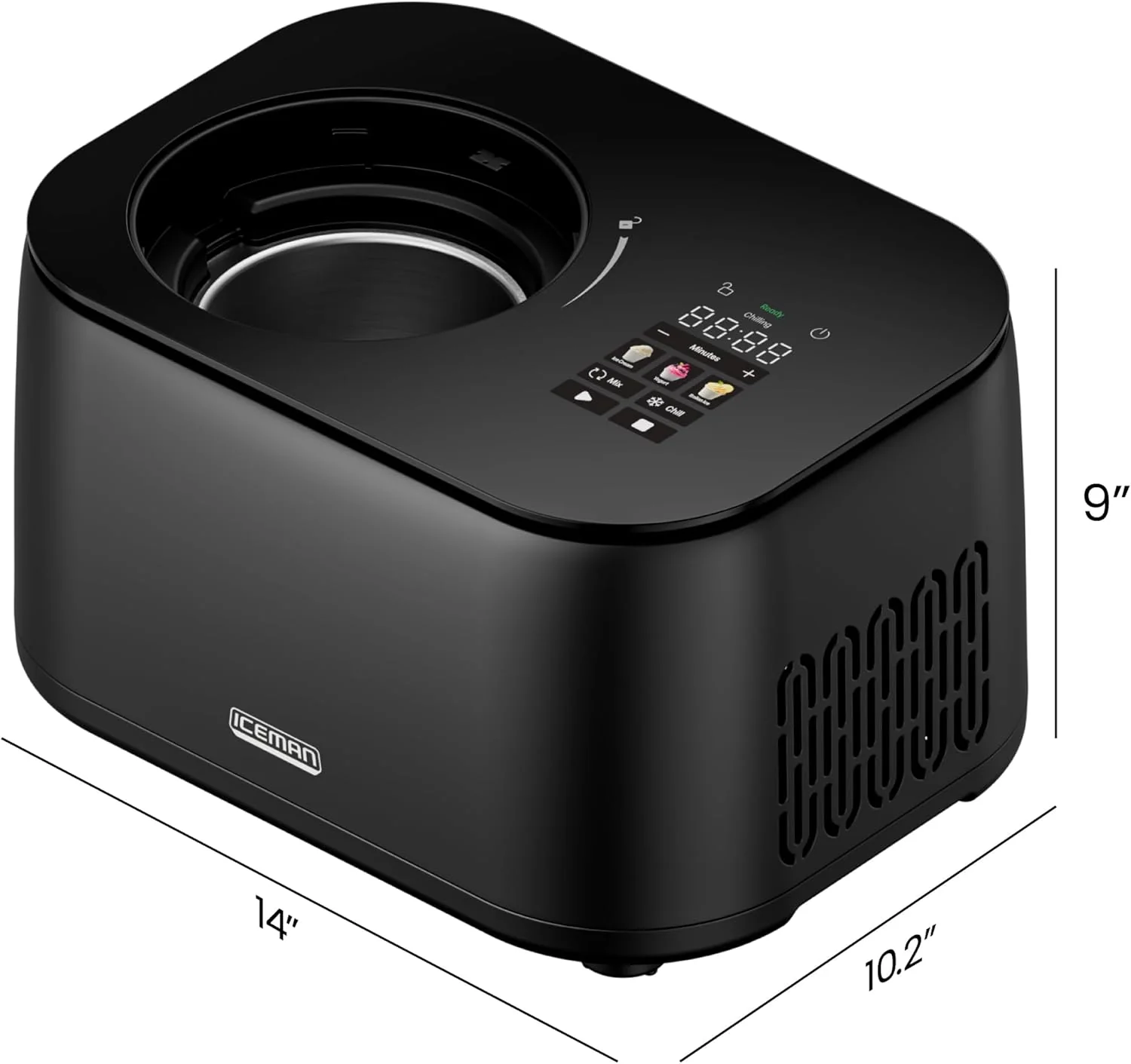 Iceman by Chefman Ice Cream Maker. No Pre-Freezing with Built-In Compressor. Makes Ice Cream. Froyo. Sorbet. Sherbet. Italian Ice. Frozen Yogurt. Digital Display w/ 3 Presets. 2 Pint Inserts Included