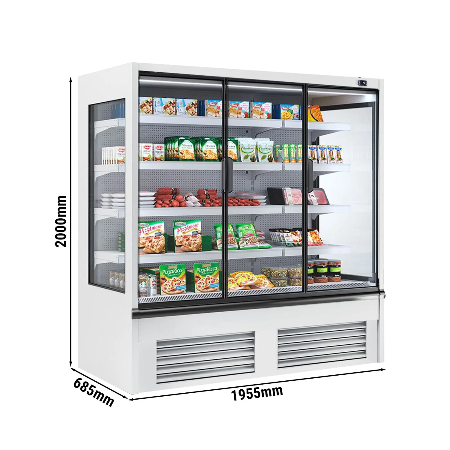 Kjølereol - 1875 mm - 683 l - +2 °C til +4 °C - med 3 hengslede glassdører, med dobbelt isolerglass & 4 hyller - hvit